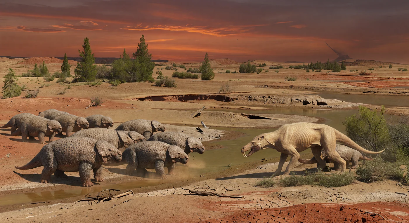 On the drought-stricken floodplains of northern Pangaea about 252 million years ago, a herd of the armored pareiasaur Scutosaurus karpinskii bunches together as the saber-toothed gorgonopsian Inostrancevia stalks from sparse scrub. This scene captures the harsh final chapter of the Permian, just before the end-Permian mass extinction, when hot, dusty red-bed landscapes and stressed ecosystems dominated much of the supercontinent. Scutosaurus was a heavy-bodied herbivore with a distinctive knobby skull, while Inostrancevia was among the top predators of its time, part of a therapsid world that would soon be devastated by the Great Dying.