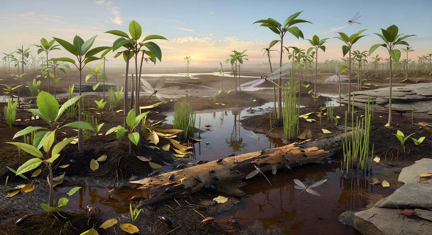 In questa torbiera carbonifera delle alte latitudini del Gondwana, verso la fine del Permiano circa 255–252 milioni di anni fa, giovani alberelli di Glossopteris e ciuffi di sfenofite simili agli equiseti emergono da un suolo nero e fradicio, solcato da pozze d’acqua scura e tronchi marcescenti. Sui legni in decomposizione si affollano piccoli coleotteri primitivi lunghi circa 2 cm, mentre blattoidei simili a scarafaggi frugano nella lettiera umida e odonatotteri dalle ali trasparenti di circa 20 cm sfrecciano nella luce radente dell’estate polare. I detriti vegetali compressi in queste paludi avrebbero formato futuri livelli di carbone, testimonianza di un mondo stagionale e soffocante poco prima della “Grande Moria”, l’estinzione di massa che pose fine al Permiano.