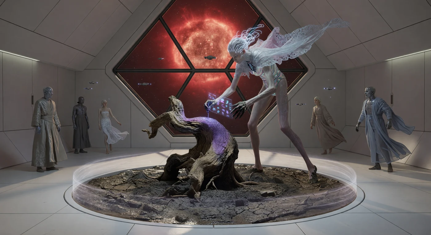 Ambientata in una galleria orbitale presso Proxima Centauri nel 4200 d.C., questa scena immortala l'installazione *Neo-Terran Earth-Grief*, dove un artista dalla morfologia "Lithe-Long" manipola fango primordiale e un antico ceppo di quercia (*Quercus*). L'opera crea un violento contrasto materico tra i resti organici della Terra e le superfici sterili in materia programmabile (P-Mat), illuminate dalla luce cremisi della stella nana rossa filtrata attraverso diamanti sintetici. Questo reperto culturale dell'Alba Interstellare testimonia la "Grande Dispersione", un'epoca in cui l'umanità, ormai evolutasi in diverse varianti post-planetarie, cercava di elaborare il lutto per la biosfera d'origine attraverso l'espressionismo sensoriale e gravimetrico.