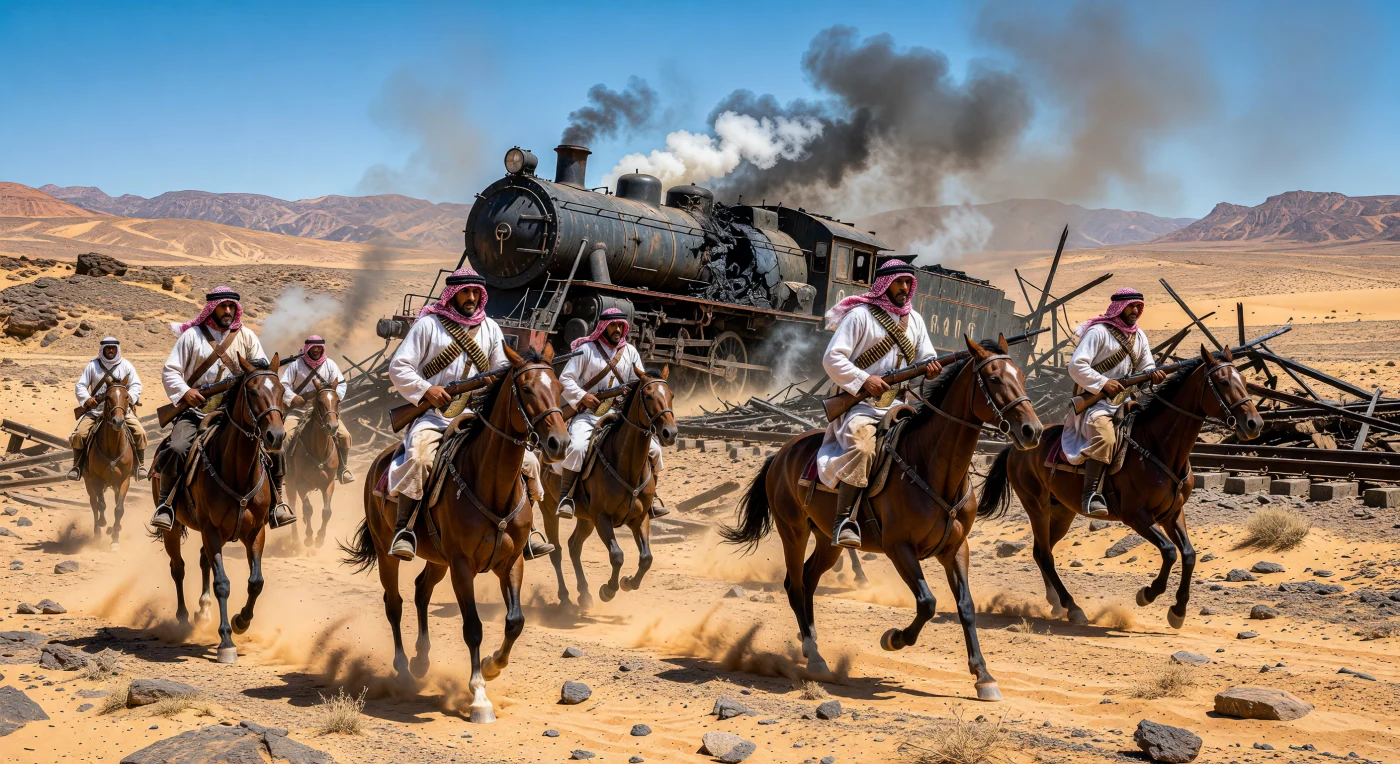 Des cavaliers bédouins, vêtus de thobes traditionnels et armés de fusils Lee-Enfield, galopent sur leurs pur-sang arabes devant la carcasse fumante d'une locomotive ottomane déraillée dans l'immensité rocailleuse du désert. Cette scène saisissante illustre les missions de sabotage menées lors de la Révolte arabe de 1917, une campagne de guérilla cruciale visant à paralyser les communications de l'Empire ottoman durant la Première Guerre mondiale. Le contraste entre le moteur de fer brisé et l'agilité des insurgés témoigne des bouleversements profonds qui allaient mener à l'effondrement des structures impériales et à la naissance du Proche-Orient moderne.