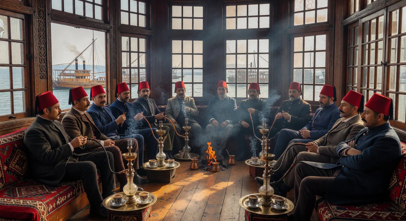 In diesem lichtdurchfluteten Istanbuler Kaffeehaus um 1850 versammeln sich Männer in Stambuliner-Röcken und roten Fes-Hüten, um bei Nargiles und Mokka über die Reformen der Tanzimat-Ära zu diskutieren. Die Szenerie am Goldenen Horn verdeutlicht den Übergang des Osmanischen Reiches zur Moderne, während das Spiel von Licht und Tabakqualm die dichte soziale Atmosphäre dieser Zeit einfängt. Die kunstvolle hölzerne Architektur und der Blick auf die frühen Dampfschiffe im Hafen symbolisieren den tiefgreifenden kulturellen Wandel in der Mitte des 19. Jahrhunderts.