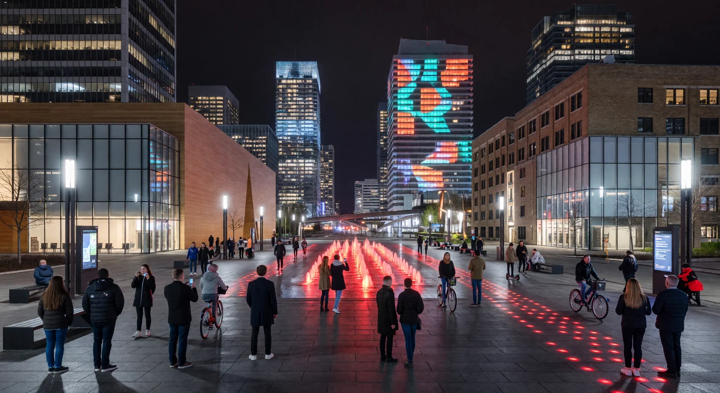 This nightscape of Montreal’s Place des Festivals illustrates the "Digital Age" transformation of urban spaces into interactive, multi-sensory environments through signature red lighting and architectural projection mapping. The scene captures the harmonious blend of historic masonry and minimalist glass design, exemplified by the Wilder Building’s contemporary expansion alongside the 235-jet programmable fountain. Reflecting the social fabric of the early 2020s, a diverse crowd navigates the district using smartphones and bike-share services, highlighting the era's reliance on mobile connectivity and sustainable transit within the "smart city" framework.