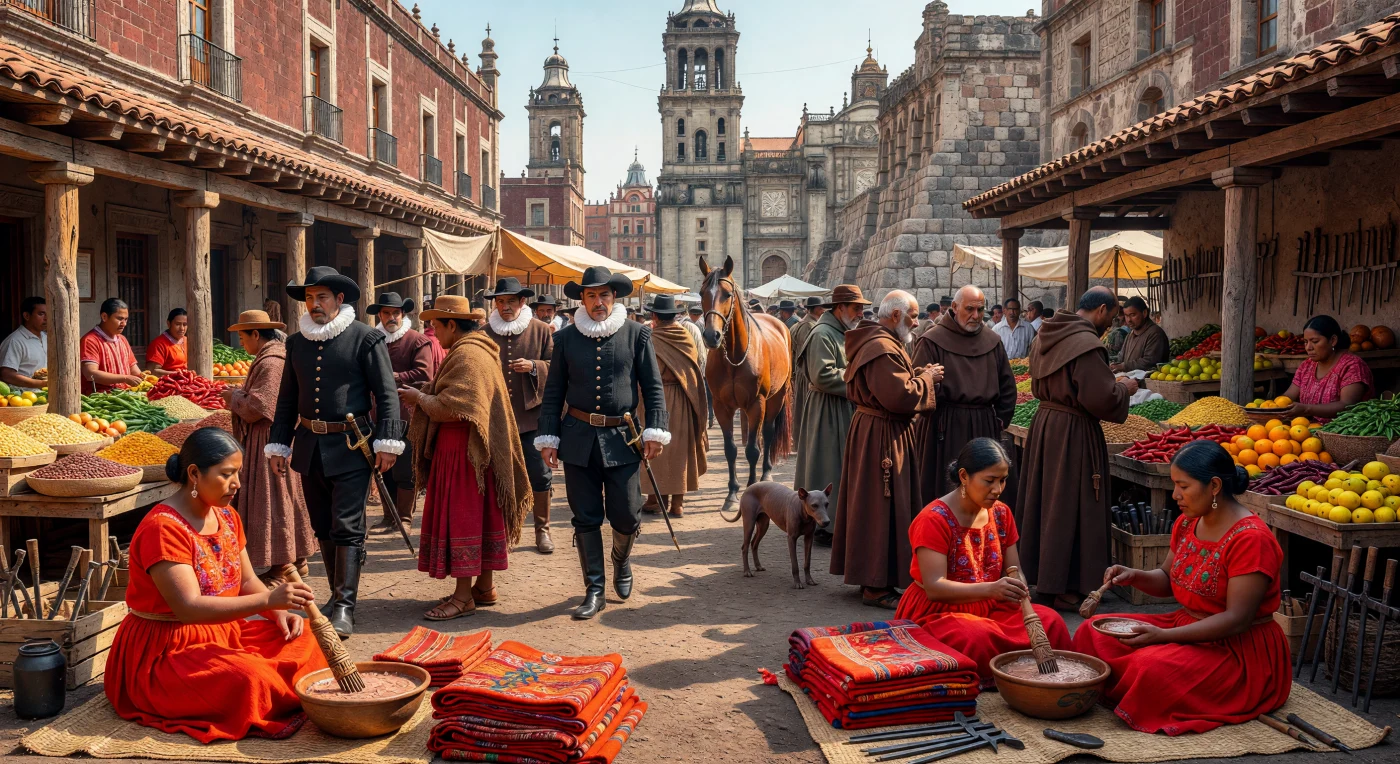 En el bullicioso Zócalo de la Ciudad de México hacia 1610, comerciantes nahuas exhiben textiles de un rojo intenso teñidos con cochinilla y sirven espumoso cacao, mientras oficiales coloniales con golas de lino y espadas de acero recorren los puestos. La arquitectura de piedra volcánica tezontle y las torres de la naciente catedral barroca enmarcan este encuentro, donde las tradiciones mesoamericanas se entrelazan con la administración española sobre las ruinas del antiguo Imperio Mexica. Esta vibrante escena ilustra el "Intercambio Colombino" en su apogeo, mostrando una sociedad en plena transformación donde productos nativos como el maíz y el chile conviven con caballos y herramientas de hierro europeas.