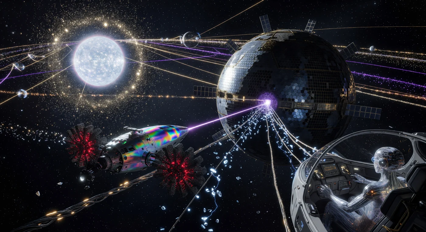 Nesta representação da Era da Expansão Solar (c. 2500-3000 d.C.), uma nave interceptadora de nanotubos de carbono utiliza um laser ultravioleta para neutralizar as amarras de um habitat rival que derivou para uma zona proibida de sombra. A cena ilustra as tensões termodinâmicas no Enxame de Dyson, onde Mentes Independentes de Substrato (SIMs) gerenciavam o fluxo fotônico necessário para sustentar uma civilização de Escala Kardashev 1.9. Os radiadores fractais da nave, brilhando em um vermelho opaco, evidenciam a luta constante para dissipar calor residual no vácuo, revelando a sofisticação tecnológica e os conflitos territoriais pela luz solar no coração do sistema solar.