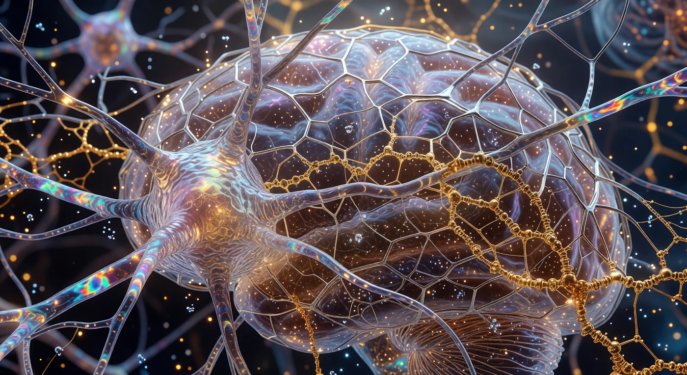 Cette micro-architecture complexe dévoile l'interface bio-synthétique d'un colon d'Epsilon Eridani, vestige technologique de l'époque de l'Aube Interstellaire (3000–5000 apr. J.-C.). Entre les dendrites irisées de l'hôte biologique s'entrelace un réseau dense de filaments d'argent et de polymères d'or, une ingénierie femto-moléculaire conçue pour unifier les consciences au sein d'un réseau de données nommé le « Consensus ». Baignée par la lueur orangée caractéristique d'une étoile naine de type K, cette structure fractale illustre l'apogée de la symbiose homme-machine, où le tissu neuronal s'efface devant la précision mathématique de l'expansion galactique.