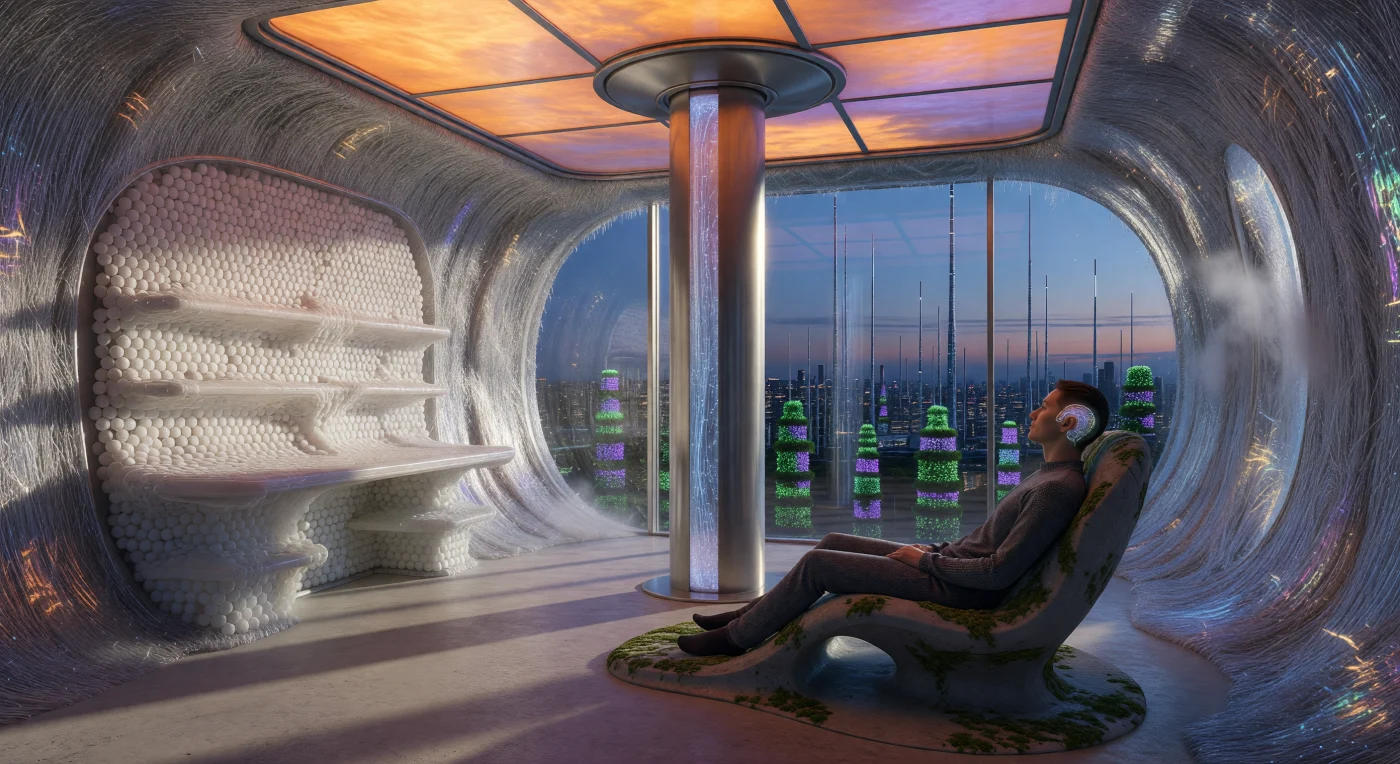 En esta unidad residencial de Neo-Tokio hacia el año 2085, durante el Alba Aumentada, la arquitectura orgánica se manifiesta a través de muros de materia inteligente que fluyen para adaptarse a las necesidades del habitante. El interior destaca por el uso de biocemento autorreparable mediante la bacteria *Bacillus pseudofirmus* y paneles de vidrio de grafeno que replican el espectro solar, integrando al *Homo sapiens* en un entorno tecnosimbólico de alta precisión. A través del ventanal, las agujas de nanotubos de carbono de la "ciudad esponja" revelan un mundo donde la humanidad logró transformar sus refugios en sistemas activos de captura de carbono y recolección atmosférica de agua.