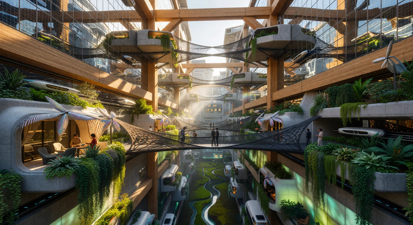 Set within the "Threshold" era (2025–2050), this view into the 500-meter-deep internal canyon of the Neom Line illustrates the mid-21st-century shift toward biophilic urbanism and biological synthesis. Modular 3D-printed residences and structural cross-laminated timber (CLT) are seamlessly integrated with cascading English ivy (*Hedera helix*) and *Sansevieria*, reflecting an age where the built environment functioned as a living ecosystem. Gossamer-thin carbon-fiber bridges and silent maglev tracks facilitate movement through this vertical "Sponge City," which utilizes graphene-infused solar skins and bioluminescent algae to achieve deep integration with its desert environment.