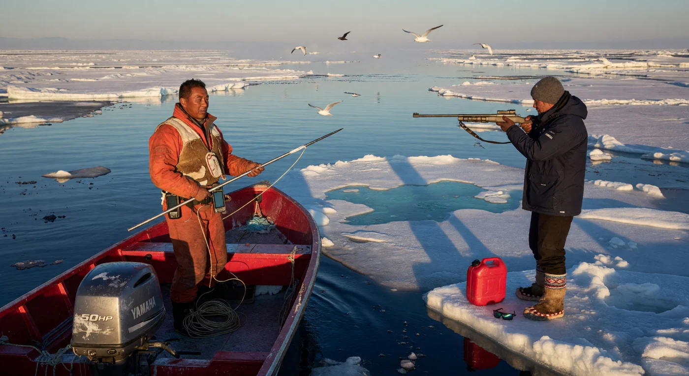In this scene from the late spring of the 2010s, Inuit hunters in the North Water Polynya demonstrate the sophisticated integration of ancestral tradition and modern technology defining the Digital Age. While wearing hand-sewn sealskin garments and utilizing harpoons, the hunters employ aluminum skiffs, GPS navigation, and technical cold-weather gear to conduct subsistence activities in the increasingly unpredictable Arctic environment. The presence of turquoise meltwater pools on the fragmented pack ice serves as a poignant indicator of the 21st-century climate crisis, highlighting the resilience of Indigenous maritime cultures as they navigate a rapidly warming "Blue Frontier."