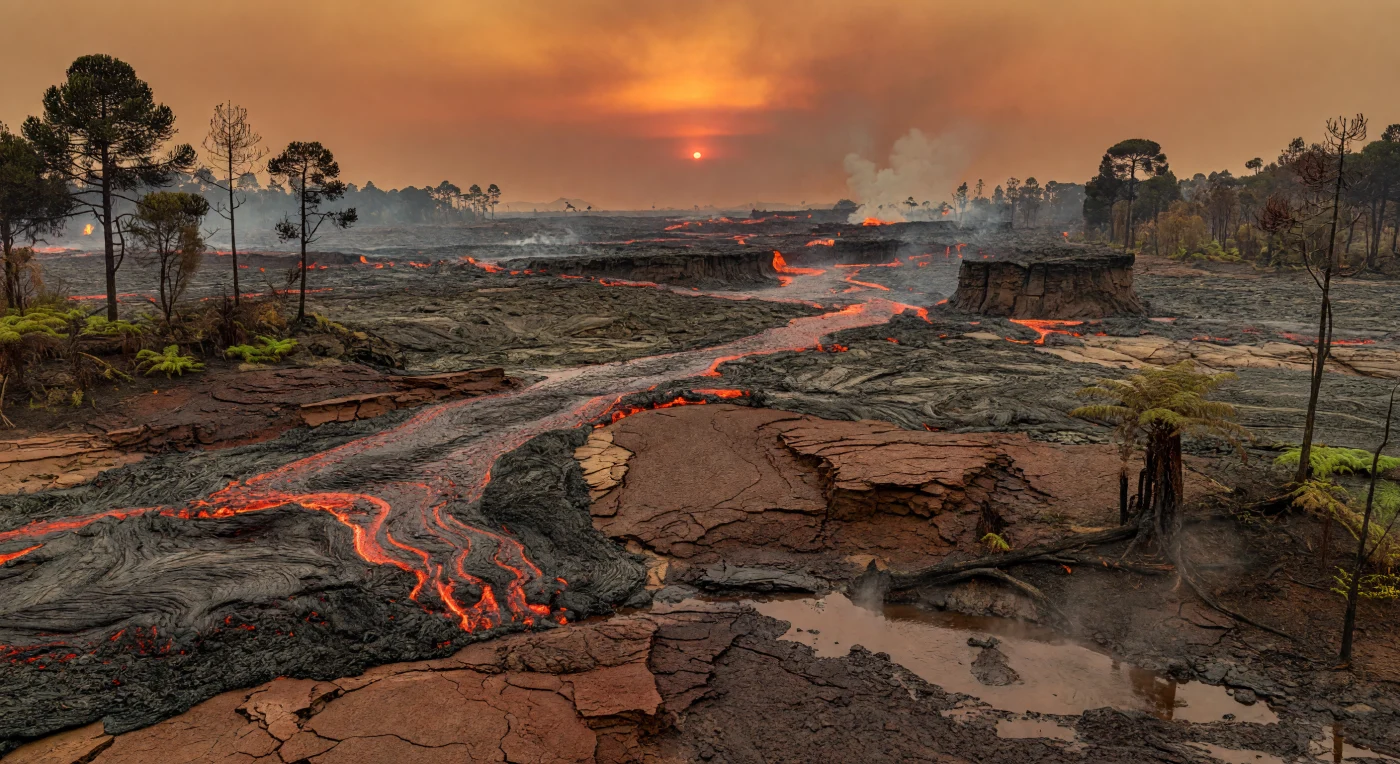 Há cerca de 183 milhões de anos, no Jurássico Inferior, o sul de Gondwana foi coberto por imensos derrames de basalto durante o evento magmático Karoo–Ferrar, quando rios incandescentes de lava toleítica avançavam sobre planícies escuras, entre cinzas, gases vulcânicos e escarpas de rocha ainda a fumegar. Nesta paisagem de vulcanismo continental à escala de um supercontinente, vêem-se texturas de lava pāhoehoe e ʻaʻā, diques de dolerito e vegetação queimada nas margens — incluindo coníferas araucariáceas e podocarpaceas, fetos arborescentes, pteridospérmicas e arbustos cicadófitos ou bennettitais. Este episódio está associado à fragmentação inicial de Gondwana e terá libertado enormes quantidades de dióxido de carbono e enxofre, alterando profundamente os ecossistemas e o clima do planeta num instante dramático de tempo profundo.