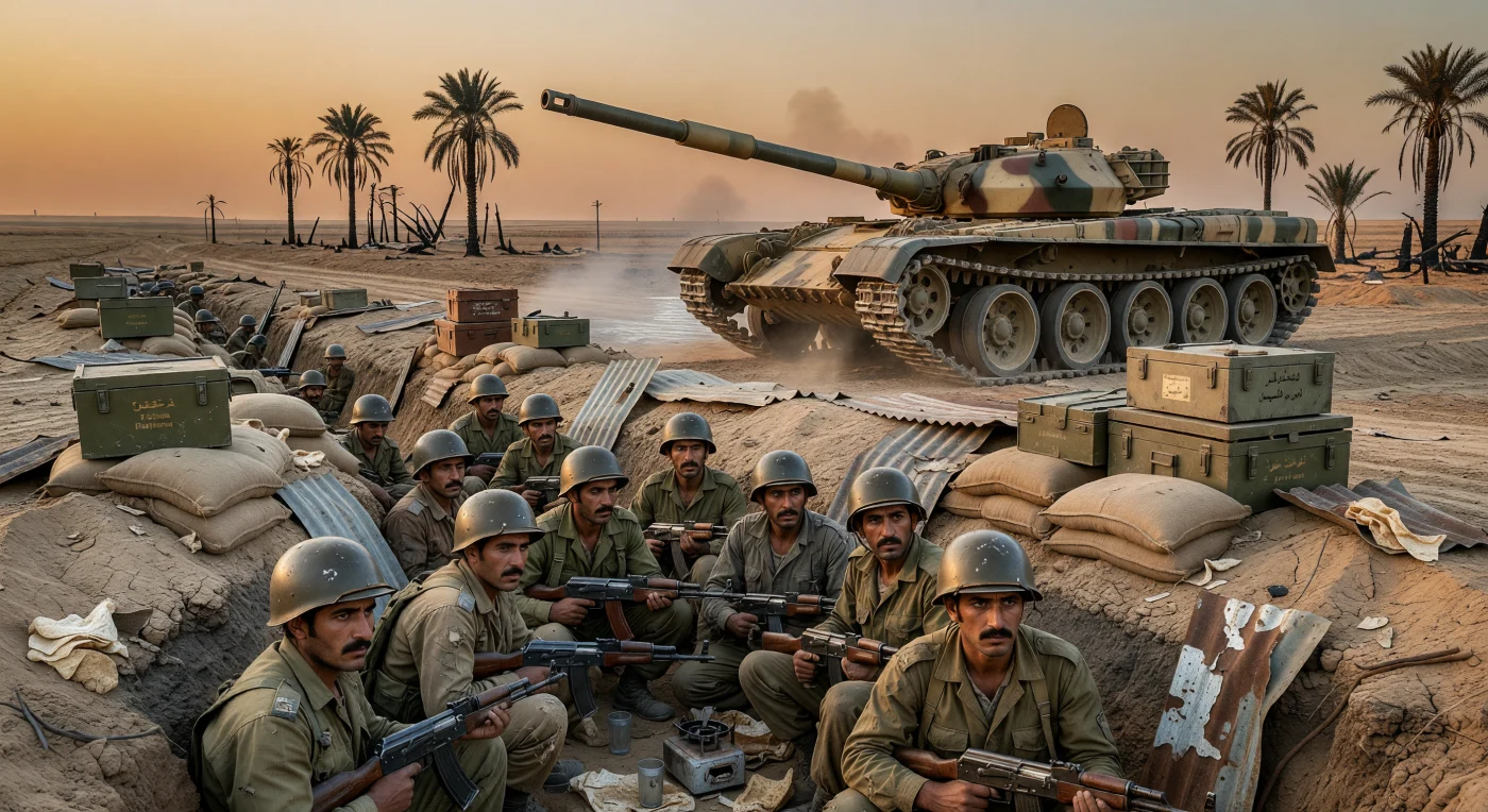 1980年代半ば、イラン・イラク戦争の最前線であるメソポタミア平原の塹壕で、泥と汗にまみれた兵士たちがソ連製のAK-47を手に、緊迫した面持ちで身を潜めています。彼らの背後には、三色の砂漠迷彩が施されたT-62主戦車が砂塵の中でアイドリングしており、遠くの地平線には戦火で焼かれたナツメヤシのシルエットが立ち並んでいます。この情景は、現代の中東史において最も長期かつ凄惨な消耗戦となったこの紛争の、過酷な実態と工業化された戦争の規模を如実に物語っています。