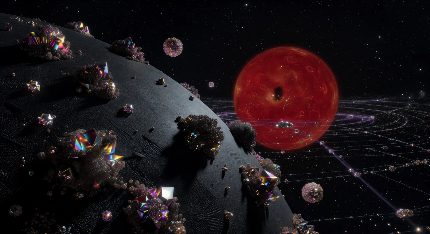 Clusters of iridescent, self-replicating Silicon-Flora grow across the matte-black ceramic hull of a research spire orbiting Barnard’s Star during the Interstellar Dawn (3000–5000 CE). These crystalline organisms utilize complex fractal geometries to harvest low-intensity radiation from the bloated red dwarf, which dominates the horizon alongside a shimmering web of solar mirrors. Floating nearby are the polyhedral avatars of Substrate-Independent Minds (SIMs), the post-biological inhabitants of this high-vacuum environment who sustain their civilization through Hawking radiation captured from a man-made black hole.