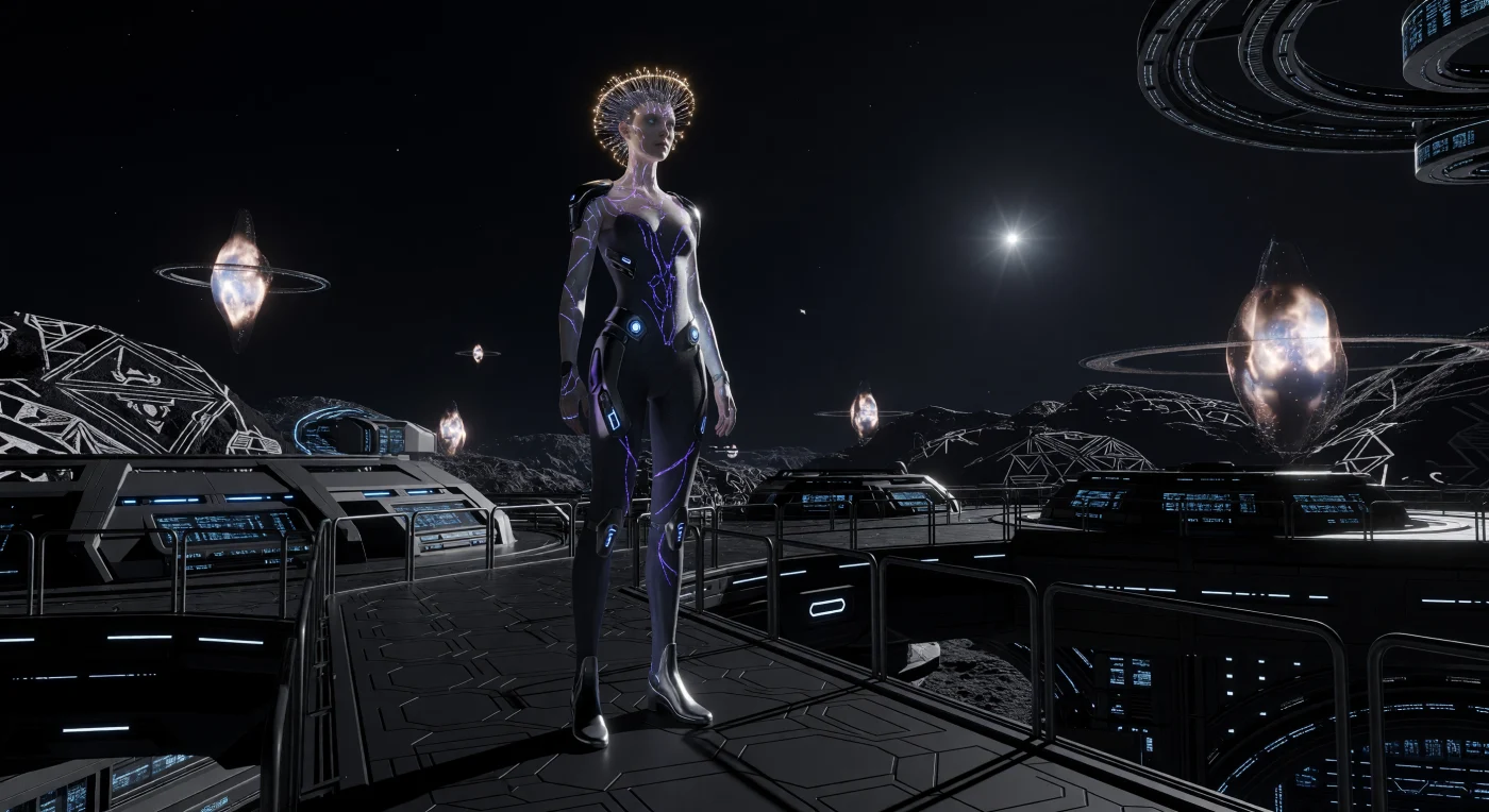 Diese Darstellung zeigt einen post-humanen Bewohner des Iridium-Gürtels auf einer Ceres-Minenkolonie während der Ära der Solaren Expansion (2500–3000 n. Chr.). Die filigrane, über zwei Meter große Gestalt trägt ein strukturelles Iridium-Exoskelett über einem Aero-Graphen-Anzug, eine notwendige Stütze für die an die extrem niedrige Schwerkraft (0,029g) angepassten Gliedmaßen. Mit perlmutternen Strahlenschutz-Hautplatten und pulsierenden Lume-Venen illustriert dieses Subjekt die vollständige technologische Integration der menschlichen Biologie in die lebensfeindliche Umgebung des Asteroidengürtels.