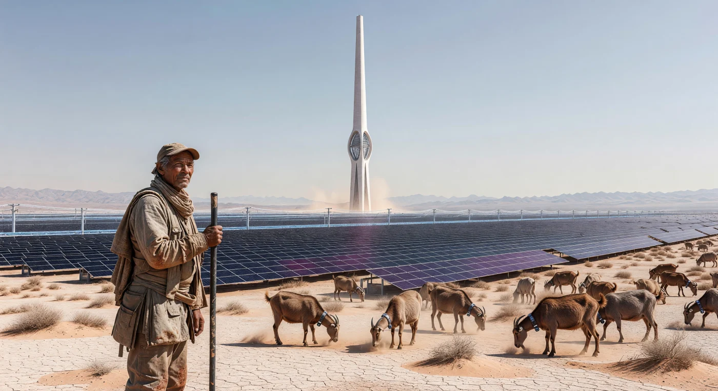 Tijdens de kritieke overgangsperiode van "De Drempel" (2025–2050) transformeerde de Mojave-woestijn in een monumentaal landschap van klimaatbeheer, waar een niet-geaugmenteerde "Baseline"-herder zijn kudde geiten langs uitgestrekte velden van iriserende Perovskiet-Silicium zonnecellen leidt. Deze hoogefficiënte tandem-arrays voeden een beschaving die de sprong naar een Type 0.78 Kardashev-schaal maakt, terwijl een driehonderd meter hoge Direct Air Capture-spits op de achtergrond de atmosfeer actief zuivert van overtollige koolstofdioxide. In dit verzengende decor van alkali-korsten en geavanceerde technologie getuigt de scène van een uniek geologisch moment waarop de mensheid haar industriële macht inzette om de planetaire balans te herstellen.