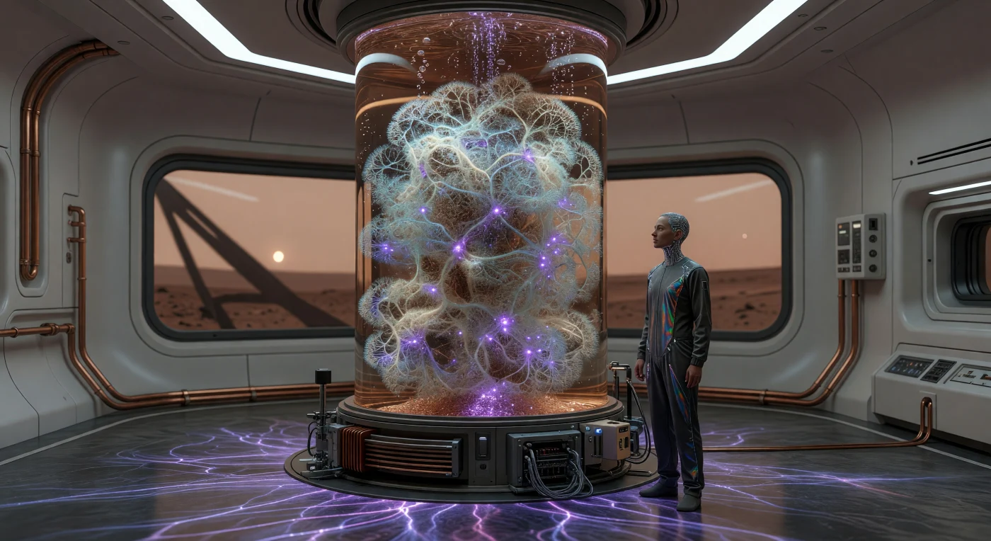 In einem Mars-Labor des Jahres 2588 offenbart dieser Blick auf einen Myzel-Logikkern die technologische Spitze der Solaren Expansion, in der die Grenzen zwischen biologischem Leben und synthetischer Intelligenz verschwammen. Inmitten einer bernsteinfarbenen Nährlösung bildet der genetisch modifizierte Pilz *Armillaria computatrum* ein leuchtendes, fraktales Netzwerk, das Daten durch Quantenverschränkung innerhalb seiner irisierenden Hyphen verarbeitet. Diese „Nassware“-Prozessoren ermöglichten es der Menschheit, die komplexen ökologischen und logistischen Herausforderungen der interplanetaren Besiedlung zu meistern, während sie sich physisch an die geringe Schwerkraft des Roten Planeten anpasste.