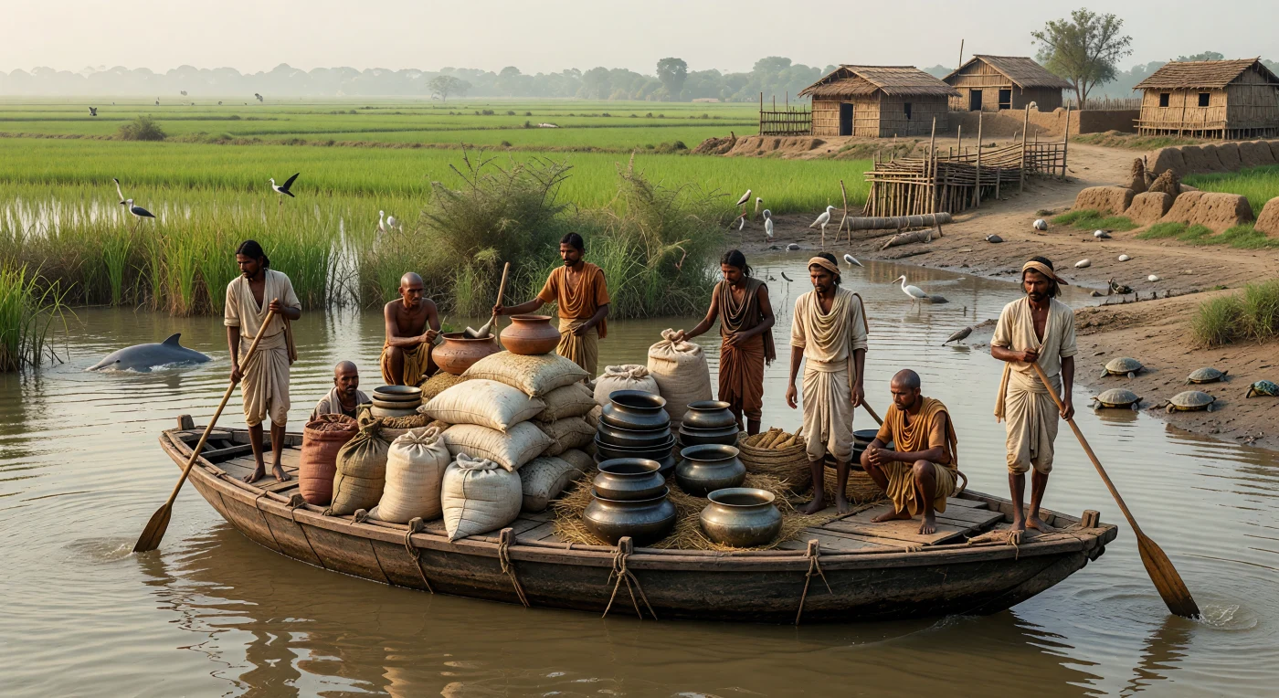 A broad wooden ferry crosses the silty waters of the middle Ganga, laden with sacks of unhusked rice, gleaming black-burnished vessels, merchants in simple wrapped cotton cloth, and a few shaven-headed ascetics traveling among the cargo. Set in the 6th century BC, when the middle Ganga plain was becoming a center of early states and expanding trade, the scene evokes a river world where commerce, agriculture, and new religious movements moved along the same waterways. The dolphin, turtles, reed beds, and distant wattle-and-daub settlement emphasize the rich floodplain environment that supported this transformation.