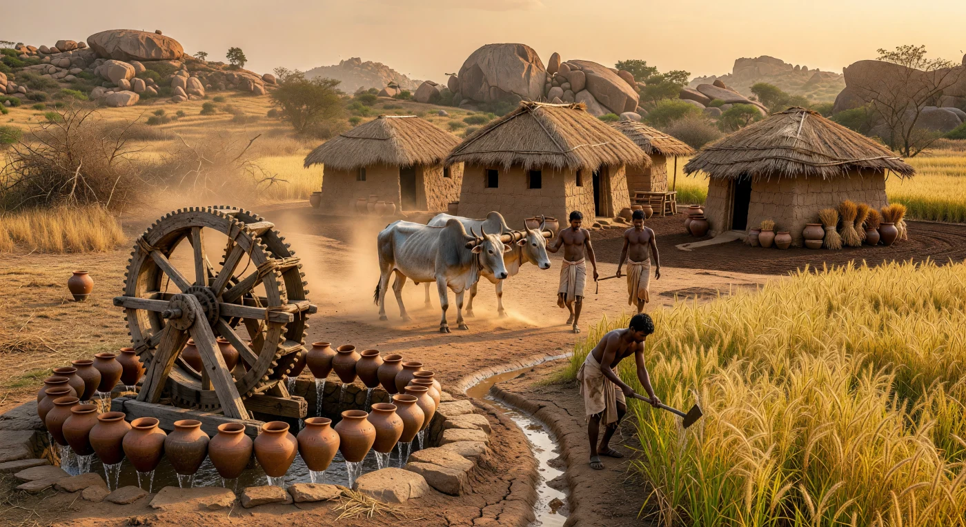 En el árido paisaje de la meseta del Decán durante el siglo XIV, agricultores dravidianos operan una rueda persa de madera para irrigar sus campos de mijo perla bajo la dorada luz del atardecer. Dos bueyes Cebú giran rítmicamente para extraer agua de un pozo mediante una cadena de vasijas de terracota, una tecnología hidráulica esencial que sostenía la vida rural en los sultanatos del sur de Asia. Al fondo, las viviendas de adobe con techos de paja de arroz ilustran la autosuficiencia de estas comunidades, cuya existencia estaba intrínsecamente ligada a los ciclos agrícolas y al ingenio tradicional antes de la llegada de los cultivos transoceánicos.