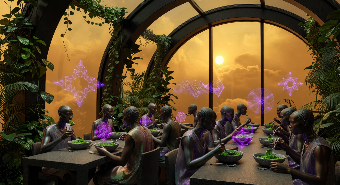 'द कन्वर्जेंस' युग (2100-2200 ईस्वी) के दौरान शुक्र ग्रह की ईश्तार क्लाउड-सिटी का यह दृश्य 'एयरो-ह्यूमन्स' के दैनिक जीवन को दर्शाता है, जो सतह से 52 किमी ऊपर तैरते कार्बन-फाइबर आवासों में रहते हैं। यहाँ निवासी अपनी मेलेनिन-समृद्ध त्वचा और फेफड़ों के फिल्टरों की मदद से कठोर वातावरण में जीवित रहते हैं, जबकि वे बैंगनी ज्यामितीय होलोग्राफ के बीच वायुमंडलीय कचरे से निर्मित स्पाइरुलिना का सेवन करते हैं। यह दृश्य भविष्य की उस उन्नत जैव-तकनीकी प्रगति को उजागर करता है जिसने सल्फ्यूरिक एसिड के घने पीले बादलों के बीच मानव अस्तित्व को संभव बनाया है।