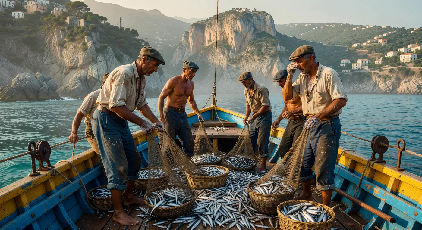 Italian fishermen haul a shimmering catch of sardines onto a traditional wooden *gozzo* boat off the rugged Amalfi Coast in 1952. Clad in typical mid-century working-class attire, the men utilize heavy hemp nets and wicker baskets, illustrating the manual intensity of Mediterranean artisanal fishing before the widespread adoption of synthetic materials and industrial trawlers. This scene captures a pivotal moment in Italy’s post-war era, where centuries-old maritime traditions remained the backbone of coastal life during the early years of the country's economic reconstruction.