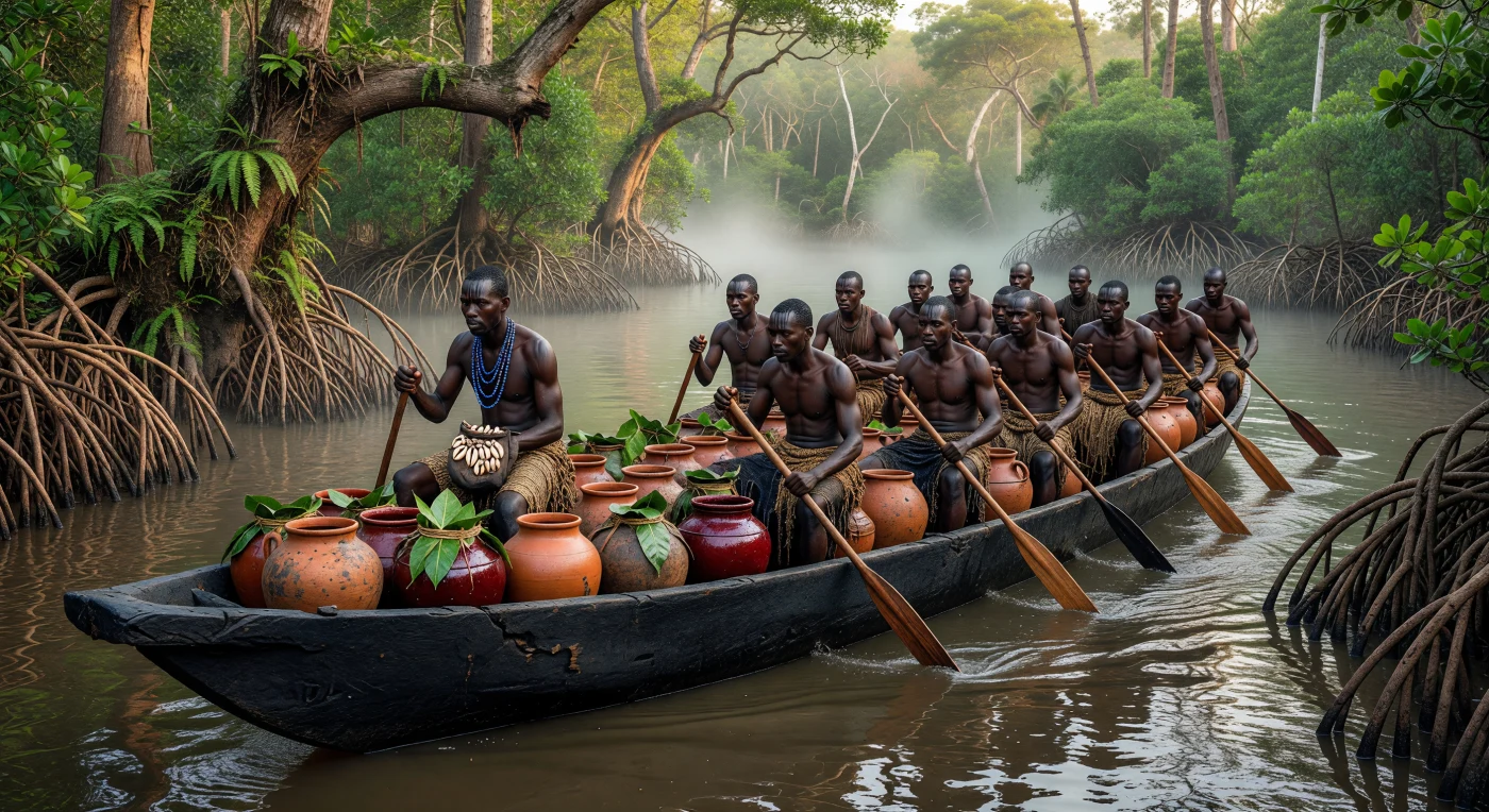 In the 1840s Niger Delta, Itsekiri rowers navigate a massive Iroko wood dugout canoe through a labyrinth of mangrove creeks, transporting red palm oil in terracotta jars. This scene illustrates the era of "legitimate commerce," when West African palm oil became an essential global commodity to lubricate the machinery of the Industrial Revolution. The rowers' hand-woven raffia wrappers and the trader’s Venetian beads signify the complex intersection of local maritime expertise and expanding international trade networks during the mid-19th century.