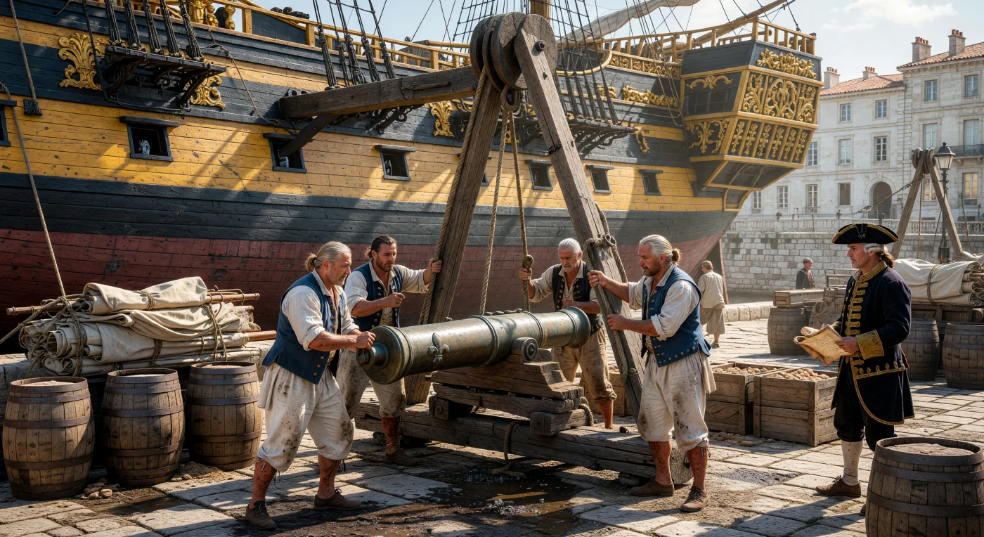 En los muelles de piedra caliza de Tolón, hacia 1750, un grupo de curtidos marineros trabaja bajo el intenso sol mediterráneo para artillar un imponente navío de línea de tres puentes. Utilizando una pesada cabria de madera y cuerdas de cáñamo, la tripulación iza con precisión un cañón de bronce de 32 libras, cuya superficie grabada con la flor de lis refleja la sofisticación técnica de la marina real francesa durante la Ilustración. Esta laboriosa escena captura la esencia de la logística naval del siglo XVIII, un periodo donde la potencia de fuego y la construcción en roble eran fundamentales para el control de las rutas marítimas globales.