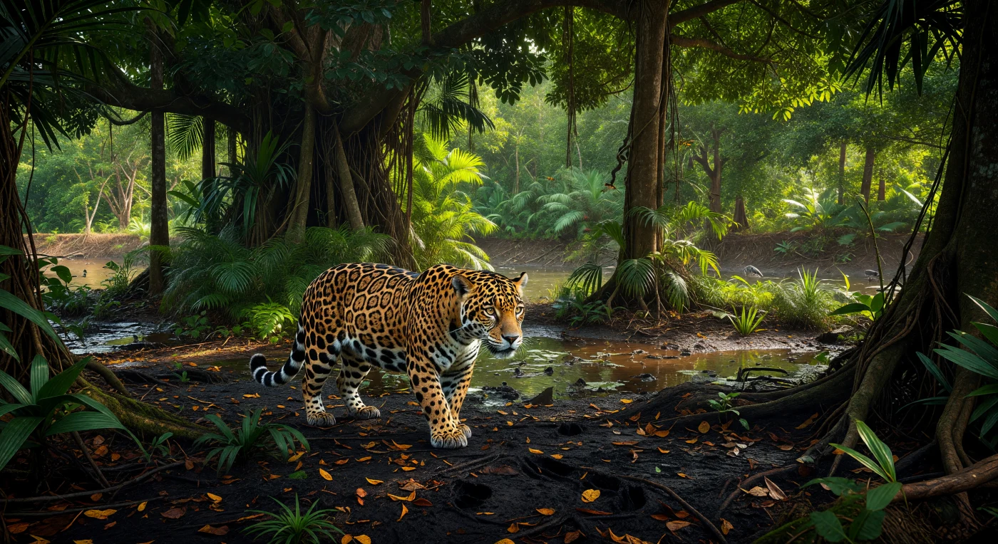 Ein kräftiger Jaguar mit goldbraunem Fell und schwarzen Rosetten schleicht lautlos durch den feuchten Sumpfwald der mesoamerikanischen Golfküste, zwischen Brettwurzeln, Palmen, Lianen und dunklem, schlammigem Laub nahe einem Flussufer. Solche Lebensräume prägten das Kerngebiet der Olmeken in Veracruz und Tabasco zwischen etwa 900 und 500 v. Chr., wo der Jaguar als Sinnbild von Macht, Gefahr und übernatürlicher Stärke eine herausragende Rolle spielte. Die Szene zeigt nicht nur ein Tier, sondern die tropische Umwelt, aus der eine der frühesten großen Symbolwelten Mesoamerikas hervorging.