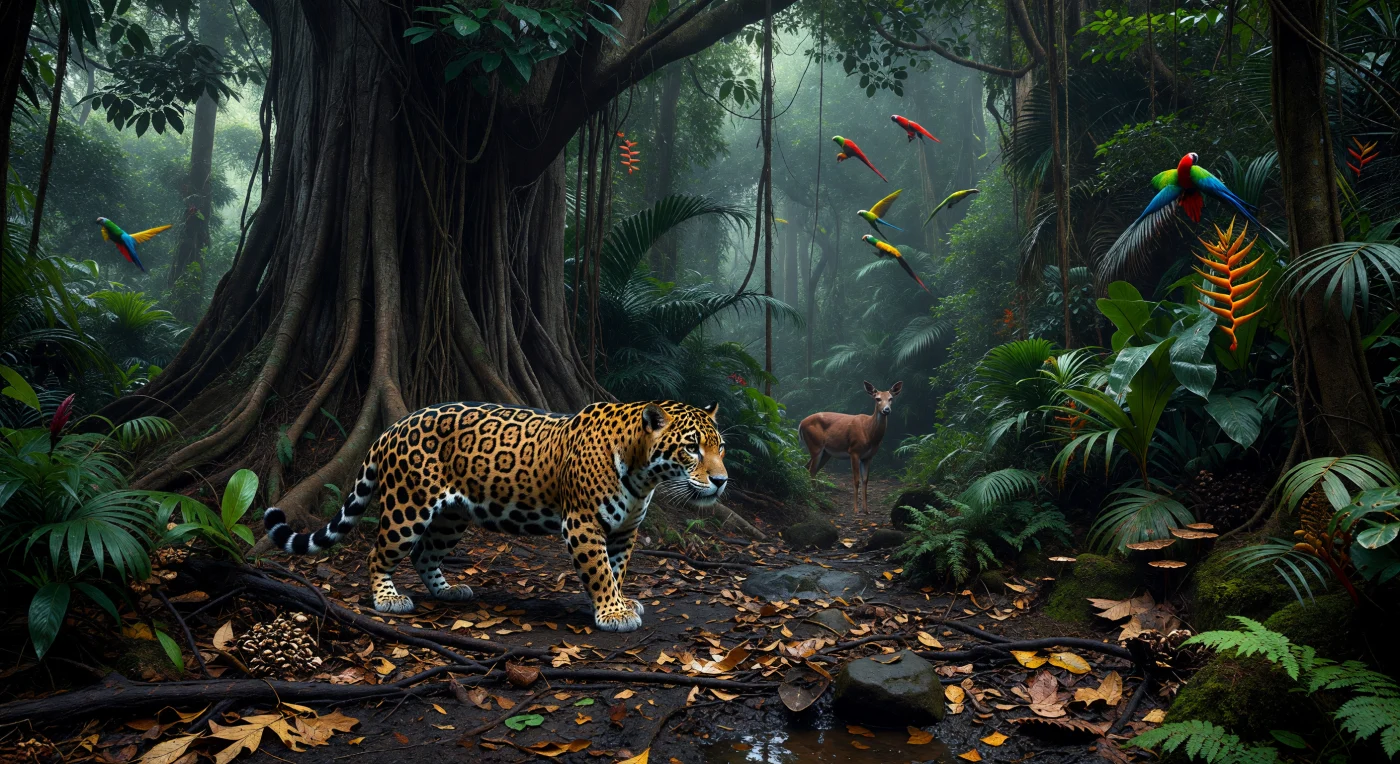 Ein muskulöser Jaguar mit goldgelbem, schwarz geflecktem Fell schleicht lautlos durch den feuchten Tieflandregenwald Mesoamerikas, vorbei an den mächtigen Brettwurzeln eines Ceiba-Baums, während bunte Papageien über ihm aufblitzen und ein Weißwedelhirsch im dichten Unterholz verharrt. Zwischen etwa 500 v. Chr. und 1 n. Chr. war der Jaguar eines der wichtigsten Raubtiere dieser Wälder und prägte die Vorstellungswelt vieler Kulturen des präkolumbischen Mesoamerika, darunter auch der frühen Maya. Das Bild zeigt eine Landschaft, wie sie Menschen der antiken amerikanischen Tropen kannten: üppig, artenreich und von einer wilden, beinahe heiligen Atmosphäre erfüllt.