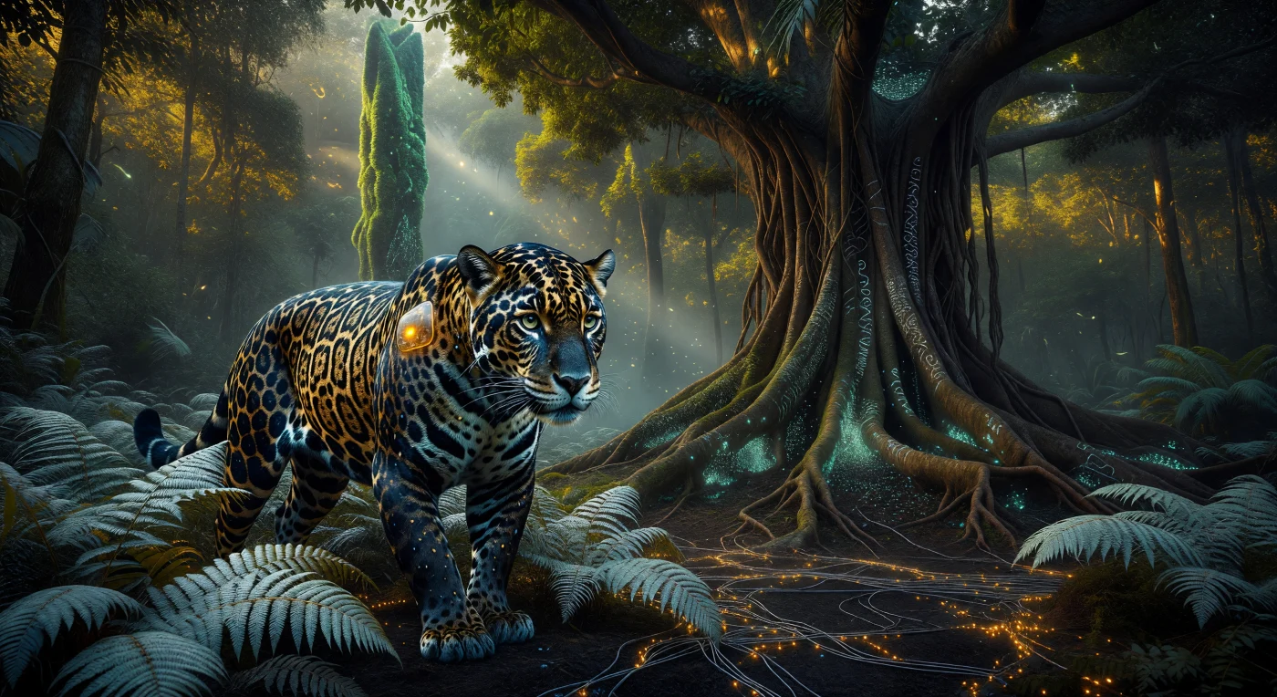 Durante a Alvorada Aumentada (2050–2100), a Aliança do Sul transformou a Amazônia em um bioma de alta fidelidade tecnológica, onde esta *Panthera onca* otimizada atua como um nó sensorial biológico conectado a uma grade neural global. O espécime percorre um solo pulsante com filamentos de nanotubos de carbono, passando por uma "Árvore Testemunha" (*Ficus benghalensis*) que preserva a herança cultural do Popol Vuh em sequências de DNA bioluminescente. Esta cena ilustra o ápice da administração ecológica do final do século XXI, unindo torres de fotossíntese artificial e fauna sintética para sustentar uma biosfera hiper-oxigenada e resiliente.