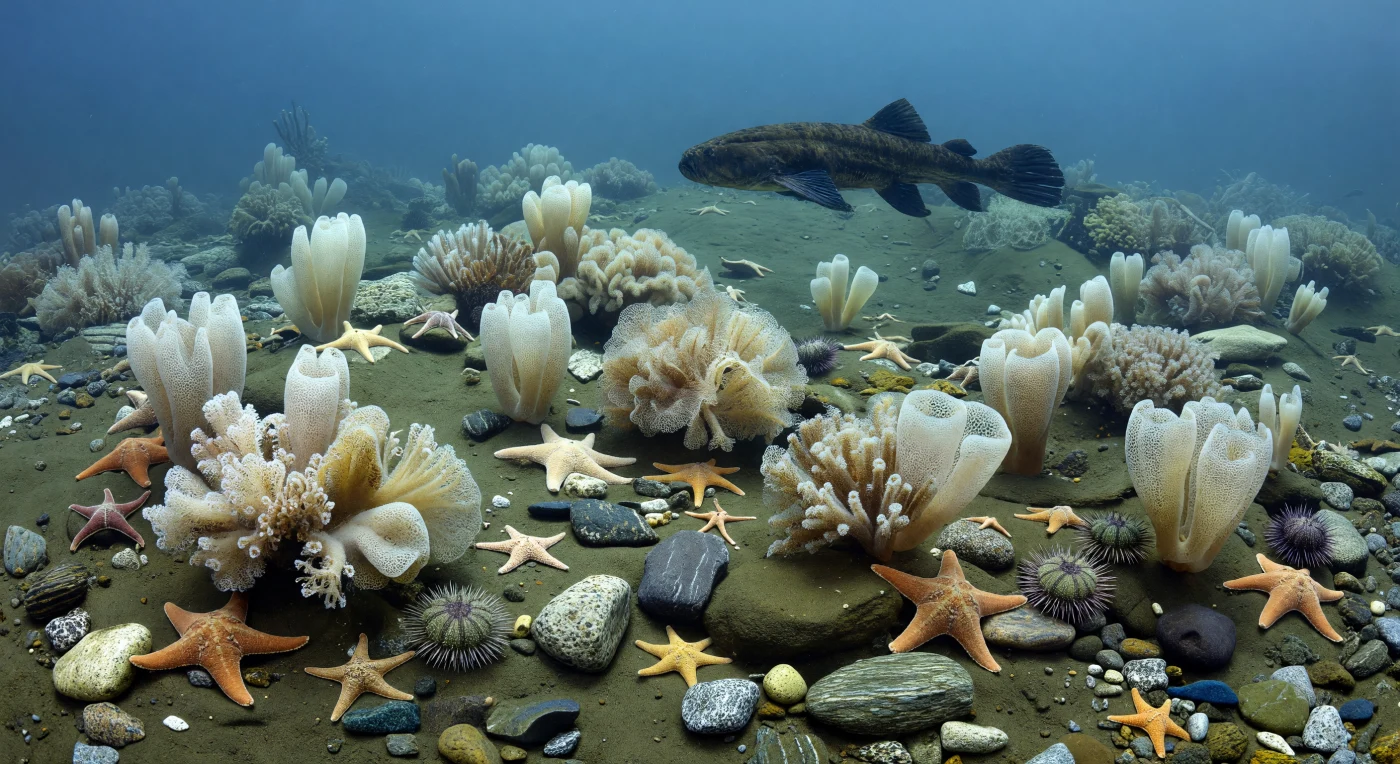 Sob a luz azulada e fria de um intervalo glacial do Pleistoceno, há cerca de 2,6 milhões a 11,7 mil anos, o fundo da plataforma continental antártica aparece como um “jardim” silencioso de esponjas-de-vidro Rossella, briozoários rendilhados como Cellarinella, estrelas-do-mar laranja Odontaster validus e ouriços Sterechinus neumayeri, espalhados sobre cascalho, seixos e lama marcados pela influência do gelo. Entre dropstones e clastos estriados deixados por geleiros, um grande peixe-dente-antártico, Dissostichus mawsoni, desliza na água límpida a 20–40 metros de profundidade. Esta comunidade bentónica mostra como, mesmo durante as Idades do Gelo, as margens geladas da Antártida sustentavam ecossistemas marinhos ricos, dominados por filtradores e invertebrados adaptados ao frio extremo.