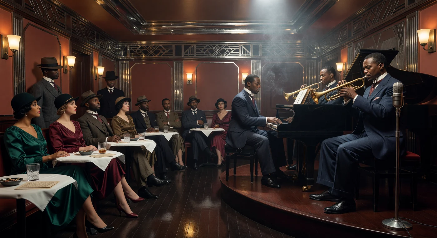 Set in a subterranean Harlem jazz club circa 1929, this scene captures the cultural zenith of the Harlem Renaissance through its sharp Art Deco architecture and atmospheric, smoke-filled interior. African American musicians in tailored wool suits and high-collared shirts perform on a stage accented with geometric chrome, while an audience of sophisticated urbanites wears the iconic silk drop-waist dresses and felt cloche hats of the era. This period marked a transformative moment in North American history, where the Great Migration fueled a creative explosion in music and fashion that redefined modern urban identity.
