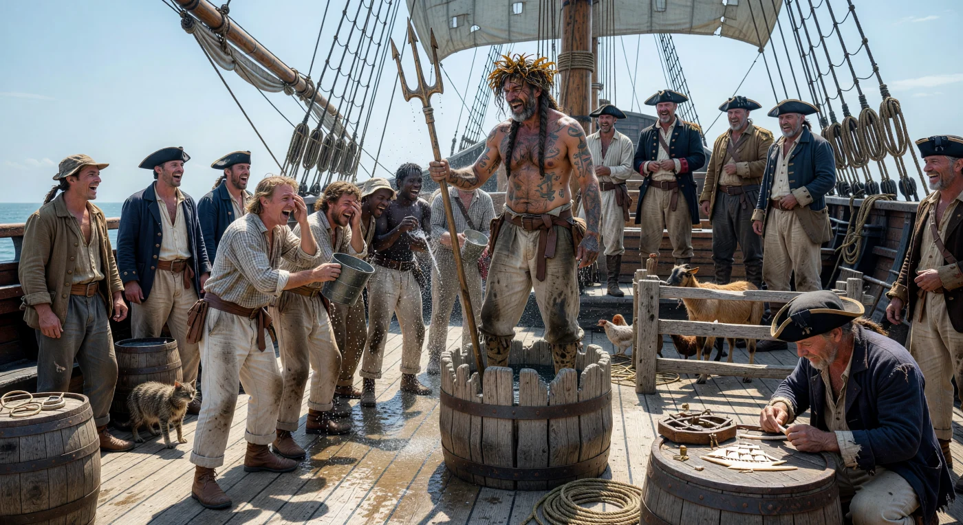 18세기 탐험선이 적도를 통과하는 순간, 갑판 위에서는 바다의 신 네프투누스로 분장한 노련한 선원이 주도하는 떠들썩한 '적도 통과 의례'가 펼쳐지고 있습니다. 말린 미역 관을 쓰고 나무 삼지창을 든 그는 물세례를 받는 초보 선원들을 맞이하며, 거친 파도와 뜨거운 태양 아래서 이어지는 긴 항해의 고단함을 잠시나마 축제로 승화시킵니다. 타르 묻은 캔버스 바지를 입은 다국적 선원들과 이를 지켜보는 장교들의 모습은 대항해 시대 해상 공동체의 독특한 문화와 엄격한 위계질서를 생생하게 증언합니다.