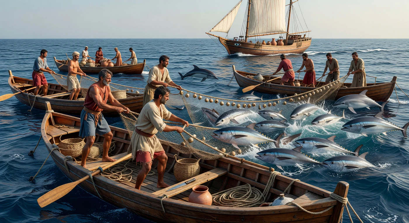 거친 남쪽 이베리아 바다 위에서, 좁은 목선에 선 어부들이 돌추를 단 무거운 그물을 힘껏 던지자 대서양참다랑어 떼가 수면을 뒤집고 돌고래들이 그 옆을 호응하듯 가르며 달립니다. 이 장면은 기원전 6~5세기 지브롤터 해협 인근의 계절성 참치 어장을 보여 주며, 토착 이베리아인과 페니키아계 해안 공동체가 협력해 풍부한 어획을 이루던 철기시대 서지중해의 생업을 생생히 전합니다. 먼 수평선의 넓은 선체를 지닌 페니키아 상선은 가디르를 중심으로 한 교역망을 암시하며, 이 지역의 생선·염장품·금속·암포라 화물이 지중해 세계를 잇는 중요한 연결고리였음을 말해 줍니다.