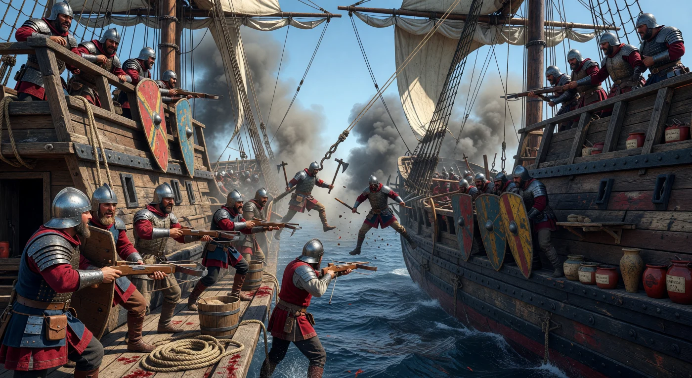 15세기 후반 지중해에서 벌어진 두 척의 카락(carrack) 간의 치열한 선상 전투를 묘사한 장면입니다. 철제 샐릿 투구와 브리간딘 갑옷으로 무장한 병사들이 자욱한 화약 연기 속에서 크로스보우를 겨누며 적함으로의 도강을 준비하고 있습니다. 이 시기는 전통적인 공성 전술이 해상으로 확장된 전환기로, 높은 선성(forecastles)을 갖춘 카락은 대양 항해와 강력한 화력을 결합하여 근대 해전의 기틀을 마련했습니다.
