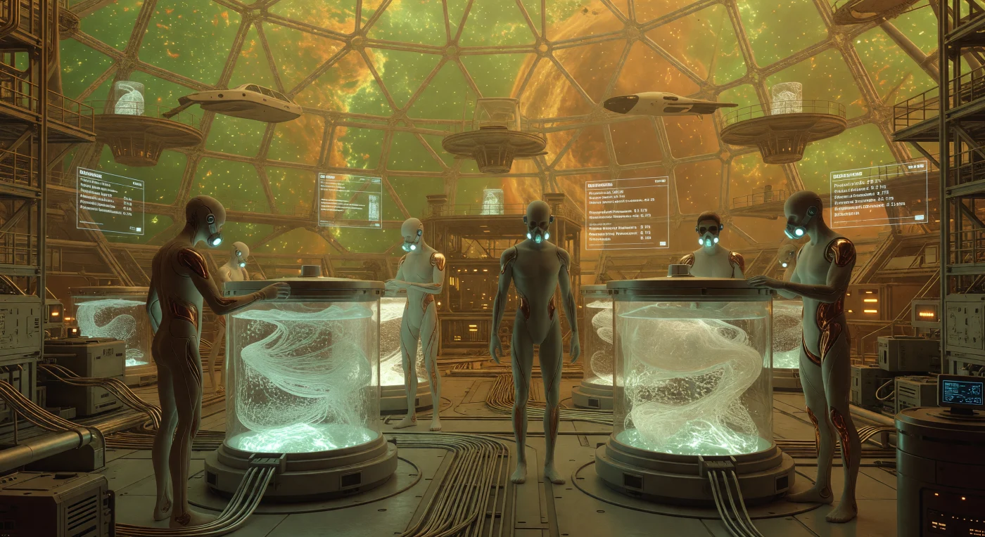 金星の上層大気、高度50キロメートルに浮かぶ巨大なジオデシック・エアロスタット内では、太陽系拡張期（西暦2500〜3000年）の技術の粋を集めたタンパク質合成が行われています。中空の骨格と特殊な肺機能を持つ新人類「エアロ」が監視する透明な培養槽では、大気中の炭素から直接食料が生成され、琥珀色の夕映えの中で青白く幻想的な光を放っています。極限の気圧と熱を克服したこの光景は、過酷な惑星環境を高度な工業的知性によって克服した、人類の新たな進化の姿を物語っています。