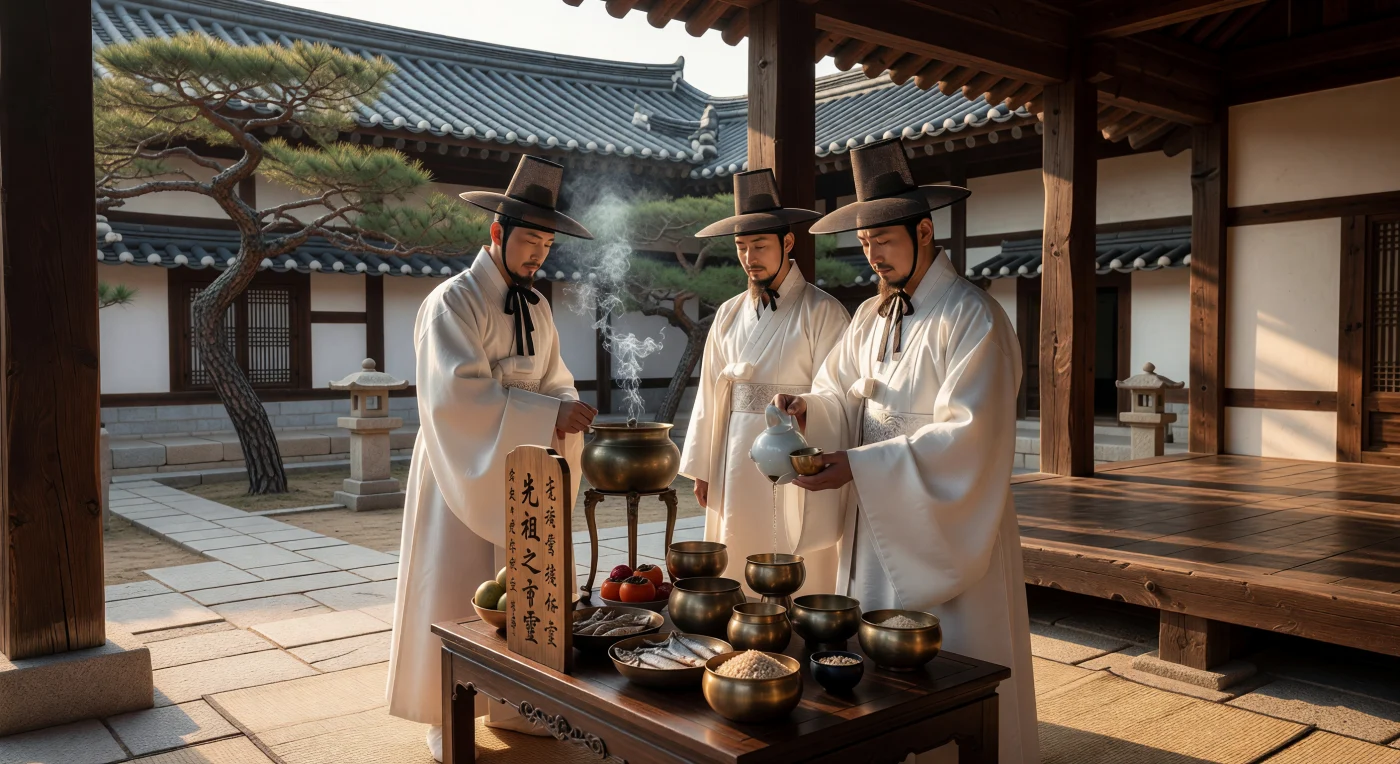 This scene depicts Yangban aristocrats performing a solemn ancestral rite (jesa) within the inner courtyard of a traditional Korean hanok during the mid-Joseon Dynasty. The officiants, dressed in formal white silk dopo robes and transparent horsehair gat hats, offer rice wine and symbolic foods at a wooden altar to honor their lineage. Such rituals were central to the Confucian state ideology of the period, emphasizing filial piety and the continuity between the living and the dead through meticulous ceremony and architectural harmony.