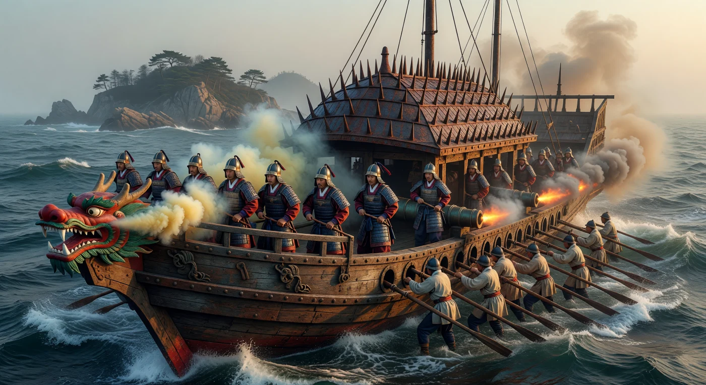 A formidable Geobukseon, or "Turtle Ship," cuts through the turbulent waters of the Korea Strait during the Imjin War (1592–1598). This innovative Joseon naval vessel features a protective roof bristling with iron spikes to deter boarding and a dragon-headed prow designed to emit intimidating sulfurous smoke. On deck, Korean marines clad in traditional dujeonggap (studded brigandine armor) prepare for engagement, representing the naval ingenuity and tactical brilliance that allowed Admiral Yi Sun-sin’s fleet to successfully challenge numerically superior Japanese forces.