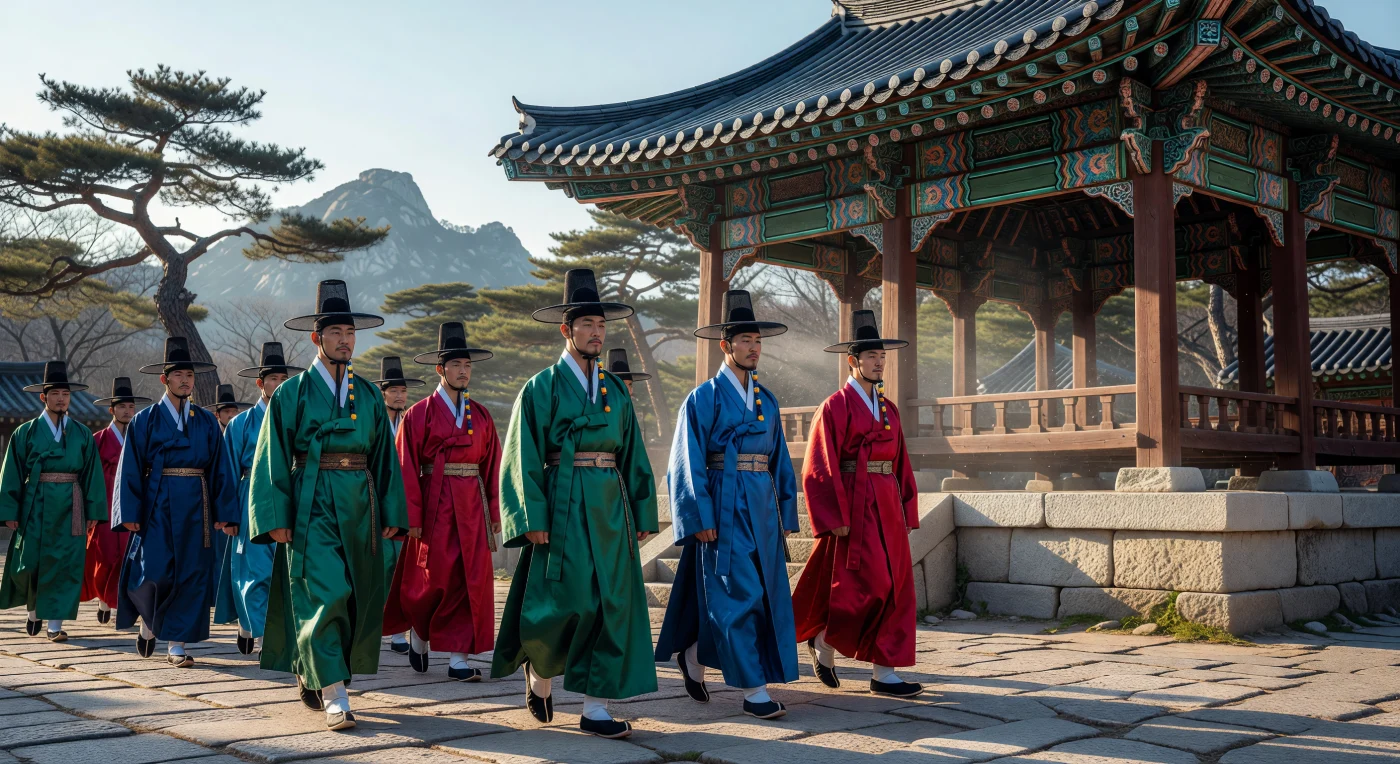 A group of yangban aristocrats in vibrant silk robes and translucent horsehair gat hats proceed past a grand wooden pavilion adorned with traditional dancheong patterns. This scene captures the rigid Neo-Confucian social hierarchy and aesthetic refinement of late 18th-century Joseon Korea, where specific colors and attire signaled one's rank and moral standing. The intricate craftsmanship of the embroidered sashes and the elegant upward curve of the giwa roof tiles reflect a period of cultural stability and sophisticated architectural tradition.