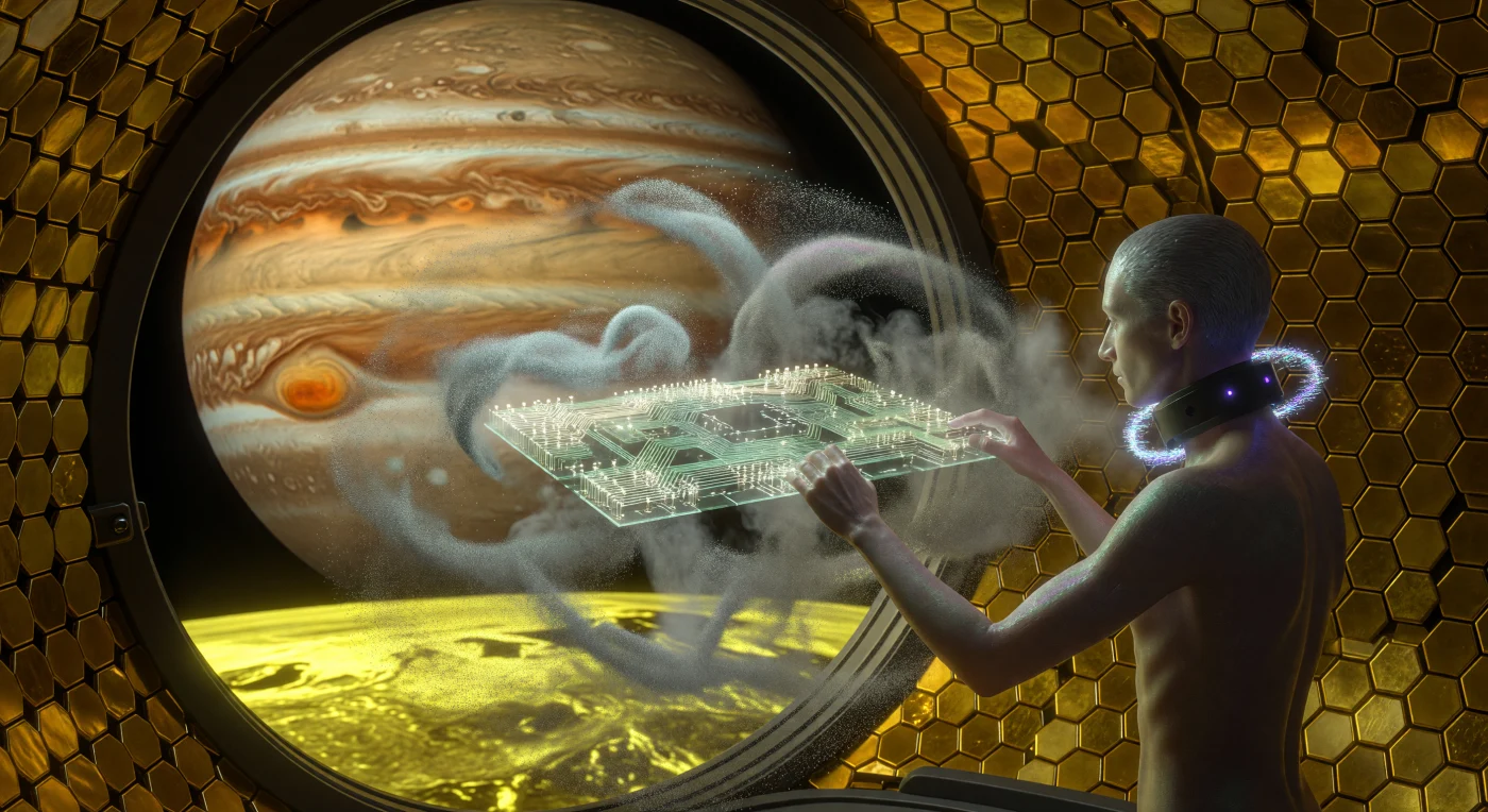 In dieser Rekonstruktion aus der Ära der „Großen Divergenz“ (2200–2500 n. Chr.) materialisiert sich in einer strahlungsgeschützten Sphäre über dem Jupitermond Io eine komplexe Quanten-Leiterplatte durch atomgenaue Femtotechnologie. Ein post-humaner Forscher der „Outward Migration“, dessen Körper durch subdermale Netze an die hochenenergetische Umgebung angepasst ist, steuert diesen Prozess mental über eine violett pulsierende Synaptische Brücke. Die Szene verdeutlicht den technologischen Wendepunkt, an dem die Menschheit die Grenzen terrestrischer Biologie hinter sich ließ und begann, Materie auf subatomarer Ebene nach ihrem Willen zu formen.