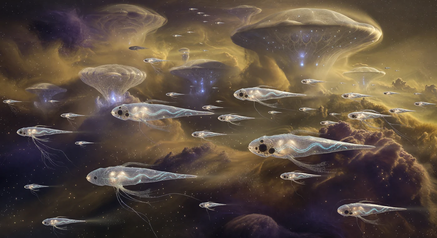 गैलेक्टिक युग (5000-20,000 ईस्वी) के इस विहंगम दृश्य में, 'नेबुलाइट्स' नामक 30-मीटर लंबे उत्तर-मानवीय जीव एक विशाल गैस दानव के सघन वायुमंडल में तैरते हुए दिखाई दे रहे हैं। ये धुरी के आकार के जीव आंतरिक हाइड्रोजन थैलियों की मदद से उत्प्लावकता बनाए रखते हैं और सब-सोनिक दबाव तरंगों के माध्यम से बाख (Bach) जैसे पृथ्वी के प्राचीन संगीत के साथ तालमेल बिठाने के लिए अपनी त्वचा पर नीले रंग की जैव-दीप्ति (bioluminescence) बिखेरते हैं। एम्बर जैसे धुंधले प्रकाश और विशाल 'एयरोस्टेट स्पायर्स' के बीच, ये जीव भविष्य के उस जैविक विकास को दर्शाते हैं जहाँ दृष्टि के स्थान पर चुंबकीय संवेदी अंगों और ध्वनि तरंगों ने इस उच्च-दबाव वाले संसार में जीवन को संभव बनाया है।