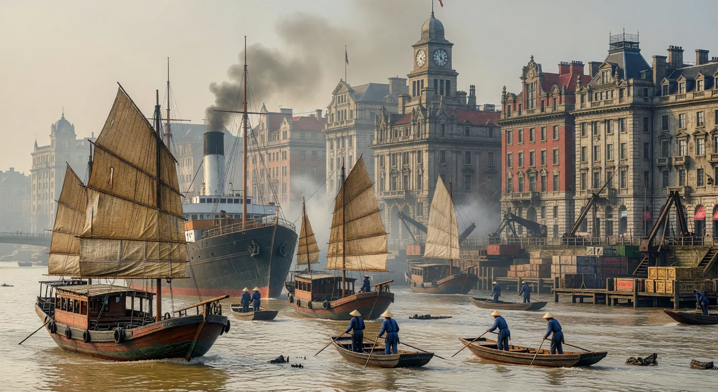 Esta vista panorâmica do Rio Huangpu, cerca de 1895, ilustra o contraste vibrante entre os tradicionais juncos chineses de madeira e a imponente silhueta de um navio a vapor britânico sob a névoa matinal. Ao fundo, emergem as fachadas neoclássicas de granito do Bund de Xangai, simbolizando a rápida ocidentalização e o crescimento económico da cidade durante a Belle Époque. A cena imortaliza a transição tecnológica e social da era, onde embarcações milenares e a nova propulsão a carvão partilhavam as águas de um dos portos mais dinâmicos do mundo.