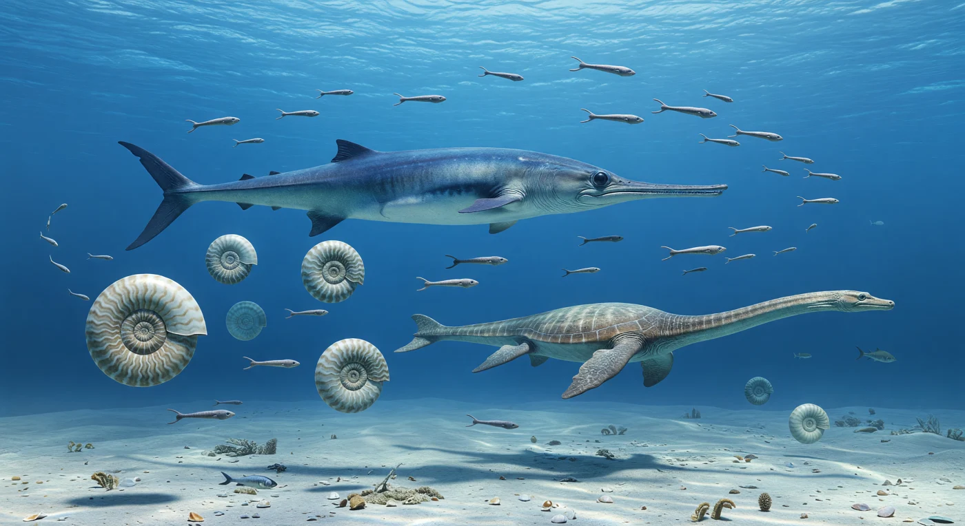 ジュラ紀後期、約1億600万〜1億450万年前のラウラシア南縁、西テチス海に面したヨーロッパの沖合大陸棚では、澄んだ青い海を巨大な目をもつ魚竜オフタルモサウルスが切り裂くように泳ぎ、そのまわりを矢のようなベレムナイト類ヒボリテスと、肋の発達したアンモナイト類ペリスフィンクテスが群れなして漂います。海底近くでは、長い首と4枚のひれをもつ首長竜クリプトクリドゥスが静かに巡航し、炭酸塩泥とマールの海底には貝殻片や小さな海綿・ウミユリが点在しています。これらの動物たちは、恐竜の時代の外洋棚に広がっていた豊かな海洋生態系を物語っており、アンモナイトやベレムナイトは当時の海で重要な獲物であると同時に、地層の年代を知る手がかりにもなる化石です。