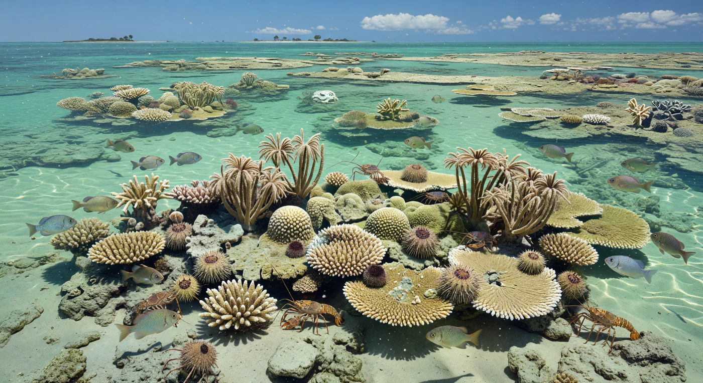In the warm, shallow shelf seas of Late Jurassic Europe, about 160–150 million years ago, low patch reefs built by scleractinian corals such as Thecosmilia, Isastrea, and Thamnasteria rose from a pale carbonate seafloor. Among the coral colonies, stalked Pentacrinites crinoids filtered food from the water, spiny cidaroid sea urchins grazed across the reef surface, and Glyphea lobsters sheltered in crevices while schools of deep-bodied Dapedium cruised through the sunlit shoals. This scene captures a Jurassic carbonate platform in the Tethyan-influenced seas of Laurasia, before modern reef communities had evolved.