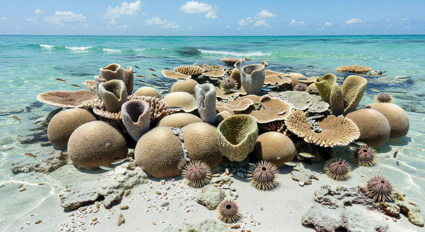 On a Late Jurassic reef crest in the tropical Tethys, about 160–150 million years ago, shallow turquoise water washes over a mosaic of hardground and carbonate sand built by dome-shaped corals such as Isastrea and plate-like Thamnasteria, alongside vase-shaped siliceous sponges including Cnemidiastrum. Cidaris sea urchins graze among the reef framework while small silvery Leptolepis dart through the sunlit water above. This scene captures the high-energy, clear-water carbonate platforms that flourished in Jurassic warm seas long before modern reef fish and flowering plants appeared.