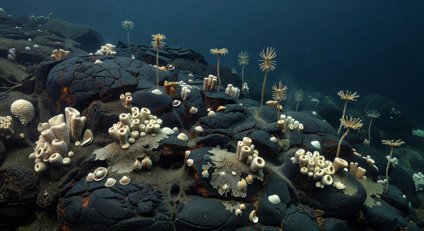 An den Flanken eines erloschenen jurassischen Vulkankegels heften sich auf schwarzen Kissenbasalten und rostrot verfärbten Spalten Schwämme, die Brachiopoden Terebratula und Rhynchonella sowie feine Bryozoenkrusten an den harten Meeresboden, während schlanke Seelilien der Gattung Pentacrinites ihre gefiederten Arme in die Strömung strecken. Solche tiefen Hartgründe lagen im Jura vor etwa 201 bis 145 Millionen Jahren in bathyalen Tiefen fern der Küsten, wo wenig Licht, aber beständige Bodenströmungen sessile Filtrierer begünstigten. Die Szene zeigt eine selten bewahrte Welt der mesozoischen Tiefsee, in der vulkanischer Ozeanboden als fester Lebensraum in einem warmen, eisfreien Treibhausozean diente.