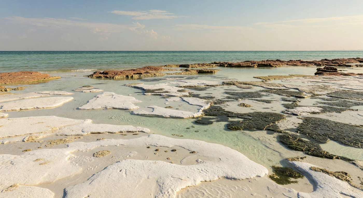 निम्न ज्वार के समय, लगभग 51–52 करोड़ वर्ष पहले के कैम्ब्रियन उष्णकटिबंधीय तट पर चमकीले सफेद ऊलिटिक कार्बोनेट बालू-टीले, उथली अक्वामरीन ज्वारीय धाराएँ और लाल-भूरे, वनस्पति-विहीन चट्टानी किनारे एक कठोर, लगभग निर्जन संसार रचते हैं। गीली ज्वारीय समतलों पर काले-हरे सूक्ष्मजीवी चटाइयाँ झुर्रीदार परतों और छोटे स्ट्रोमैटोलाइटिक उभारों के रूप में फैली हैं, जबकि ज्वार-पात्रों में कुछ छोटे ट्राइलोबाइट और दृढ़ सतहों से चिपके अकशेरुकी इनआर्टिकुलेट ब्रैकियोपोड इस प्राचीन समुद्री जीवन की झलक देते हैं। यह दृश्य कैम्ब्रियन “विस्फोट” के युग की उथली कार्बोनेट शोल-प्रणालियों को दर्शाता है, जब गर्म, उच्च-CO₂ वातावरण, सूक्ष्मजीव-प्रधान तटीय सतहें और शांत लैगून मिलकर पृथ्वी के आरंभिक जटिल समुद्री पारितंत्रों की नींव बना रहे थे।