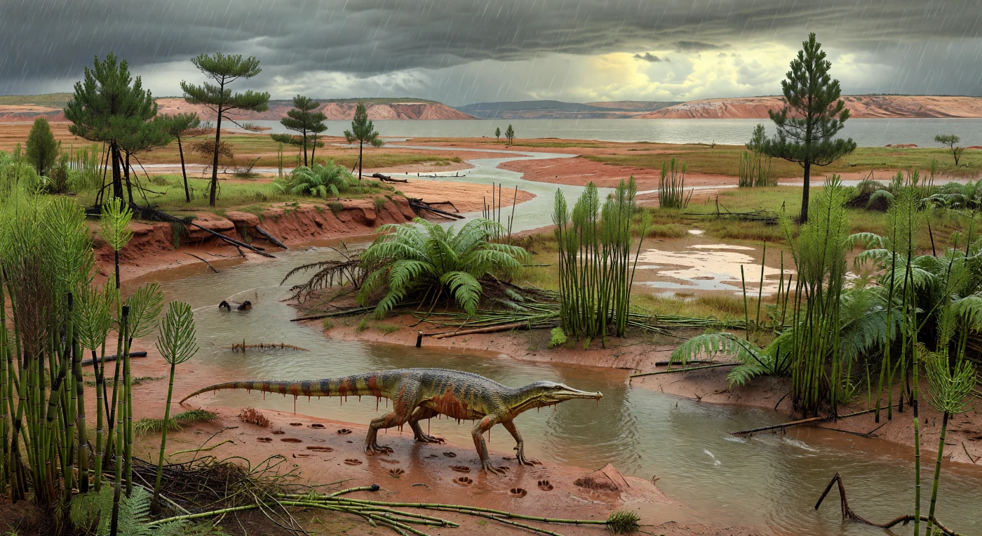 後期三畳紀カーニアン期、およそ2億340万年前のテチス海沿岸低地では、豪雨の中で細身の主竜類ティキノスクス（Ticinosuchus）が、増水した汽水の水路ぞいの赤褐色の泥を静かに踏みしめています。周囲には高さ約2 mのトクサ類エクイセティテス（Equisetites）、茂ったシダ植物クラドフレビス（Cladophlebis）、まばらな針葉樹ヴォルツィア（Voltzia）が広がり、被子植物も草もまだ存在しない、温暖な“温室地球”の湿潤な海岸氾濫原が再現されています。これはカーニアン多雨事変と呼ばれる特異に雨の多い時期の一場面で、モンスーン性降雨がテチス沿岸の河口・干潟・サブカ環境を大きく変え、後の中生代生態系の土台を形づくったことを物語っています。