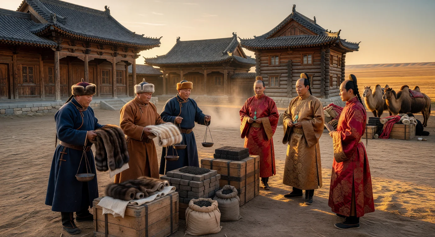Bij de grenspost Kjachta rond 1750 onderhandelen robuuste Russische handelaren in zware wollen kaftans met Mantsjoe-functionarissen in zijden gewaden over de ruil van kostbaar bont, het zogenaamde "zachte goud", tegen compacte blokken thee. Het tafereel speelt zich af tegen een achtergrond van Russische blokhutten en sierlijke Qing-architectuur, waar karavanen van kamelen en paarden onder een lage noordelijke zon wachten op de uitgestrekte Mongoolse steppe. Deze vitale handelspost vormde het hart van de Theeroute, een cruciaal knooppunt waar het Russische Rijk en de Qing-dynastie elkaar ontmoetten voor een winstgevende culturele en economische uitwisseling.