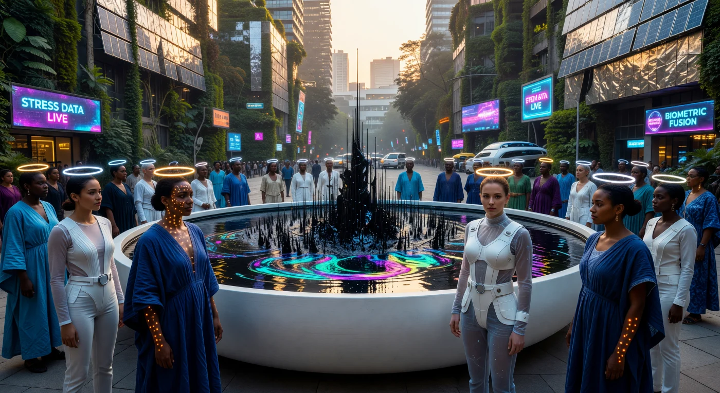 In a bustling public plaza of the Lagos-Mumbai Axis during the Threshold era (2025–2050), a massive iridescent ferrofluid sculpture reacts to the collective biometric stress of passersby, spiking into a complex, jagged monument. This scene illustrates the "Great Bifurcation" of future society, showing the contrast between the technocratic elite in 4D-printed ceramic vests and Neo-Pastoralists wearing reclaimed ocean-plastic tunics and subdermal luciferase tattoos. Surrounded by vertical forests and air filtered by carbon-scrubbing nanobots, the pedestrians utilize floating "Halo" AR-projectors, representing a peak in the integration of biological life and digital infrastructure.