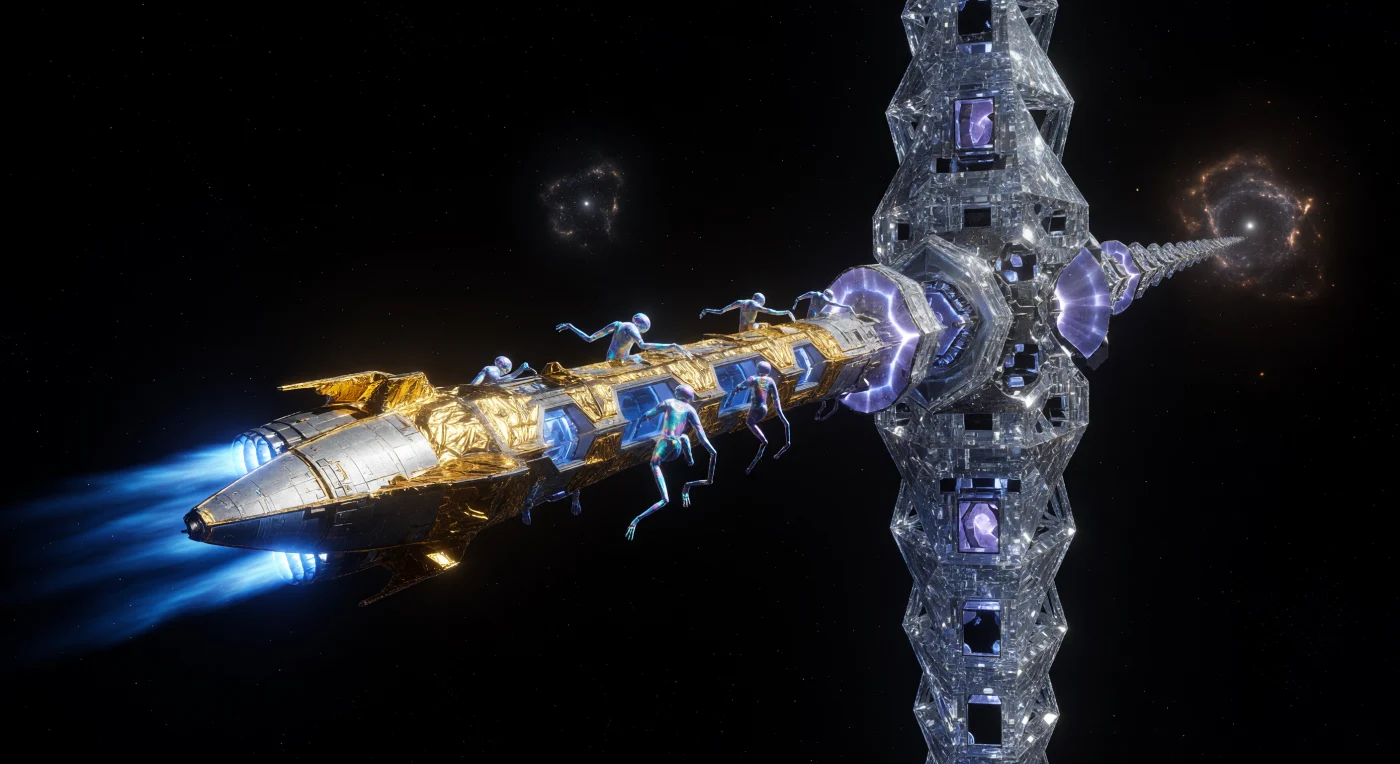 Een goudgeel, mijllang naaldschip remt met felle blauwe Cherenkov-straling af bij een gigantische kristallijne Relay-pilaar, een monumentaal knooppunt voor interstellaire communicatie in de diepe ruimte. Dit tafereel uit het tijdperk van *The Horizon* (100.000 – 1.000.000 n.Chr.) illustreert de grootschalige infrastructuur van de Polystructuralen, een geavanceerde soort wiens lichamen bestaan uit programmeerbare materie en femtotechnologie. De 500 kilometer lange pilaar fungeert als een gravitationele lens voor neutrino-gestuurde informatiestromen, essentieel voor de coördinatie van een beschaving die de volledige energie-output van sterren oogst om de immense afstanden van de kosmos te overbruggen.