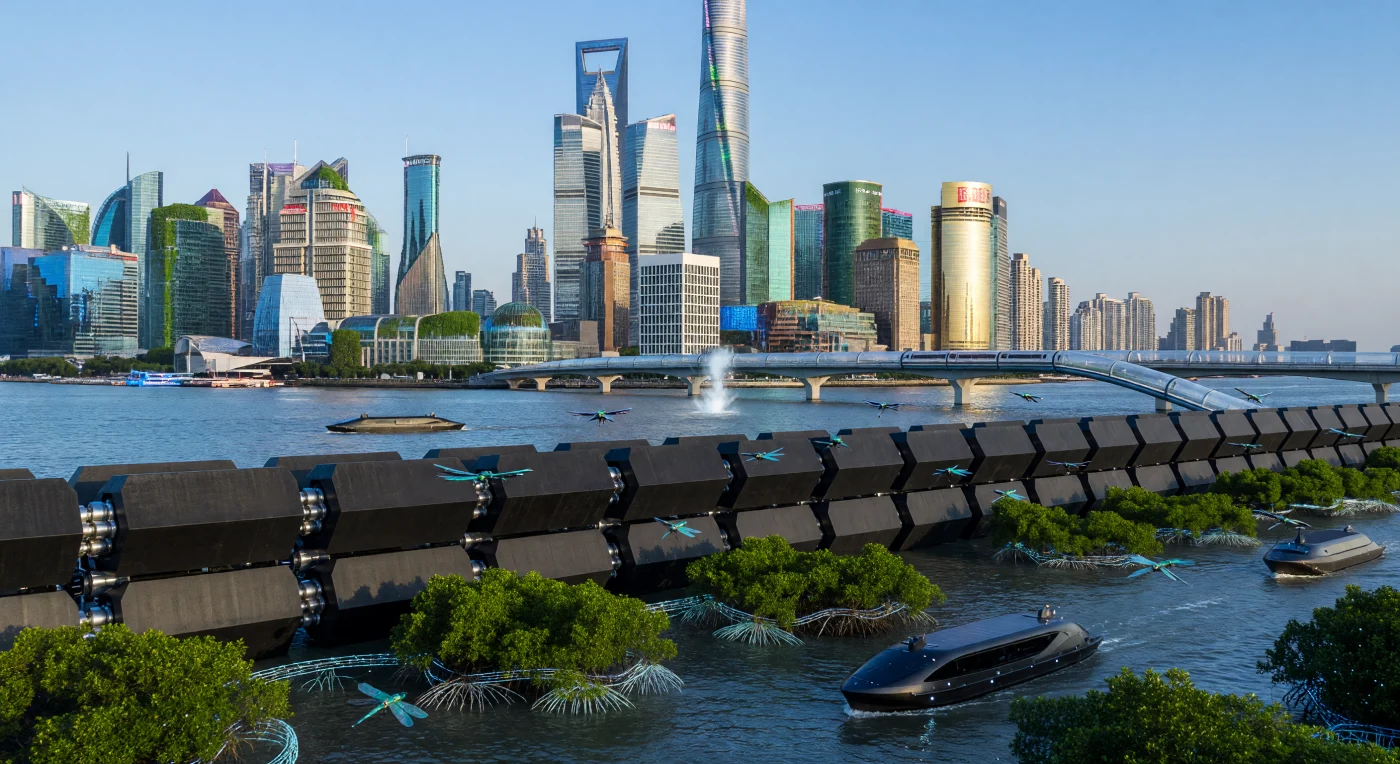 Deze reconstructie van de kustlijn van Shanghai omstreeks 2048 toont de monumentale kinetische zeemuur van grafeen-beton, geflankeerd door genetisch gemanipuleerde mangrovebossen die fungeren als een levende biomechanische barrière tegen de stijgende getijden. Tijdens deze cruciale overgangsperiode, bekend als "The Threshold", zijn iconische wolkenkrabbers bekleed met een iriserende huid van perovskiet-zonnecellen en dichte lagen synthetische klimop voor maximale koolstofopslag. Autonome vrachtschepen navigeren geruisloos door diepwatergeulen terwijl de stad wordt aangedreven door de blauwe gloed van lokale fusereactoren, wat de ultieme symbiose tussen technologische vooruitgang en ecologisch beheer illustreert.