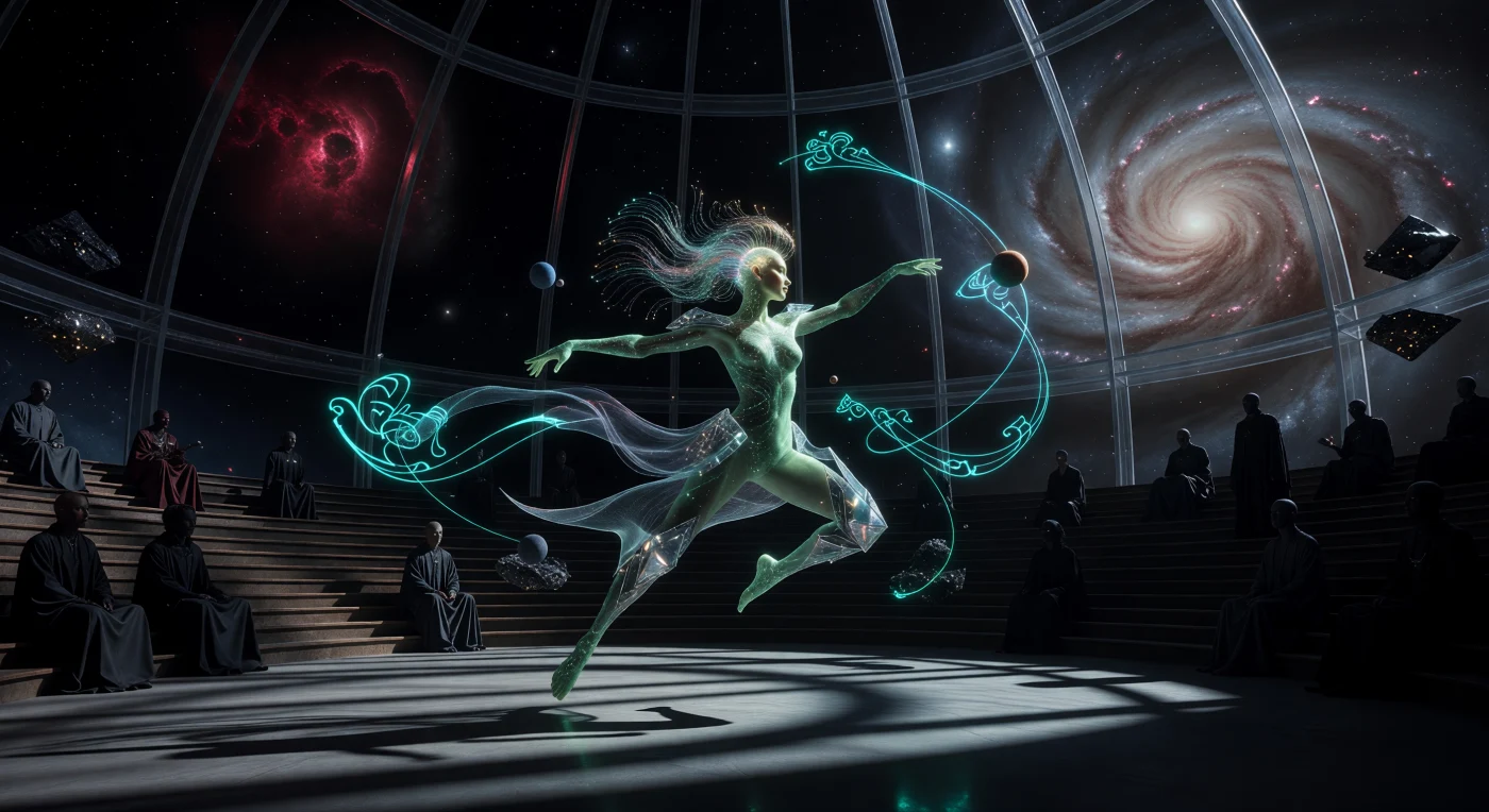 In dem lautlosen Vakuum eines orbitalen Amphitheaters erschafft ein posthumaner Akteur der „Asymmetrischen Erhabenheit“ leuchtende, vierdimensionale kalligrafische Gedichte aus ionisiertem Xenon-Gas. Diese Performance datiert in die Ära der Kosmischen Reife (ca. 20.000–100.000 n. Chr.), in der posthumane Spezies und Silikat-Intelligenzen das Universum mithilfe von Neutrino-Gittern und Mikro-Wurmlöchern als Leinwand für existenziellen Ausdruck nutzten. Vor der Kulisse eines binären Sternsystems illustriert die Szene eine Epoche, in der die Beherrschung fundamentaler physikalischer Kräfte die Grundlage für eine neue, neo-eudaimonische Ästhetik fernab biologischer Zwänge bildete.